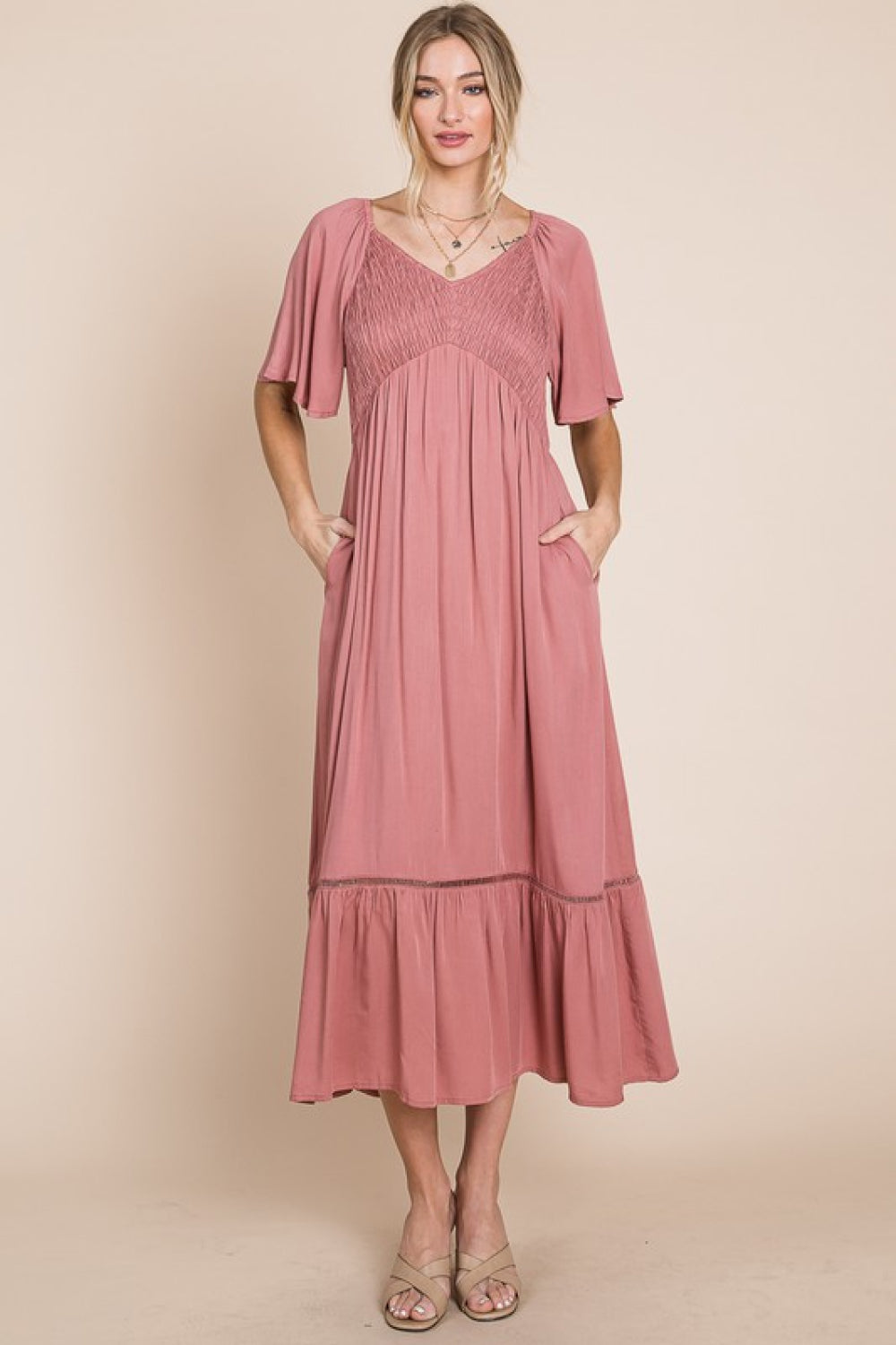 Casual V-neck Pocket Midi Pink Dress