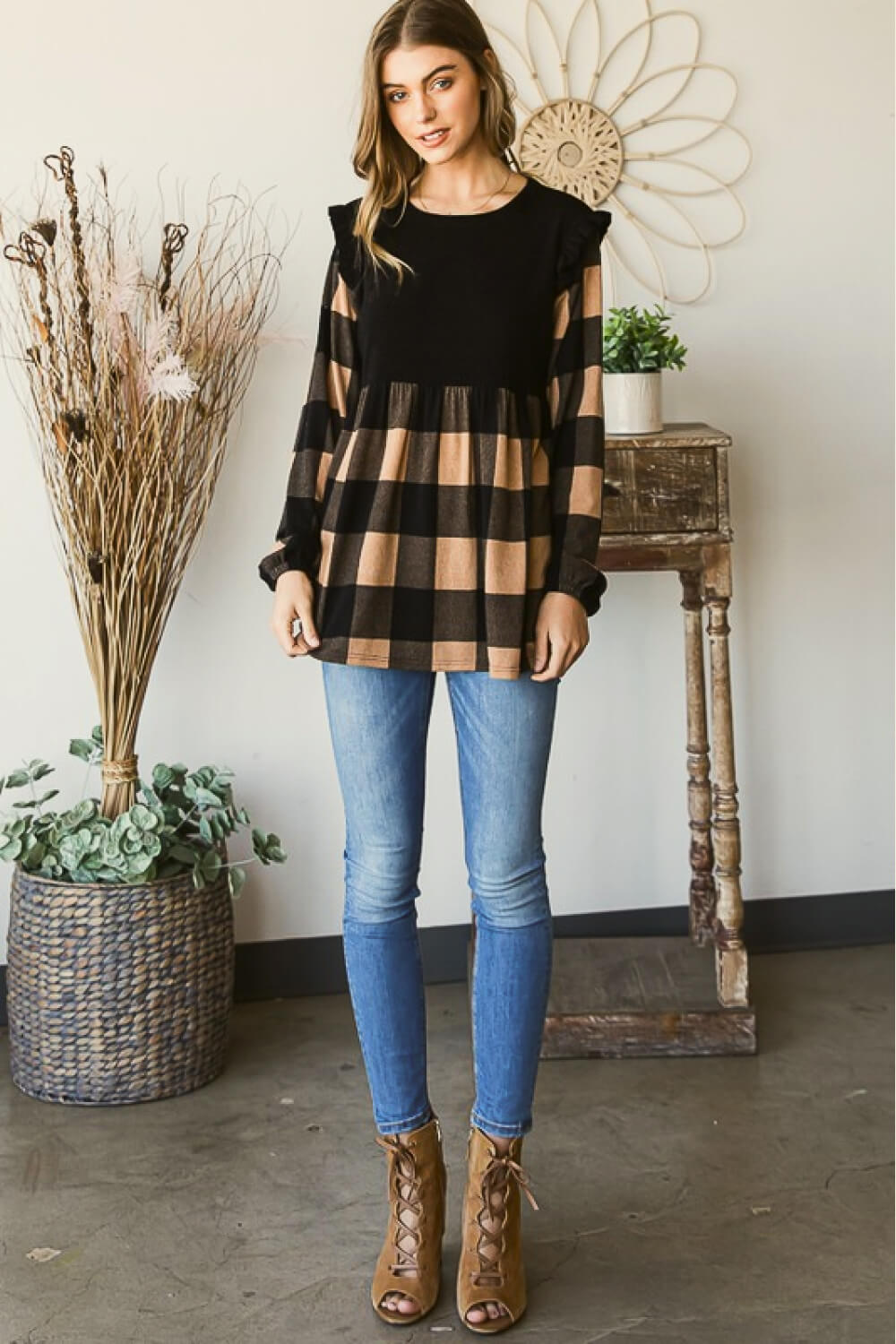 Plaid Contrast Long Sleeve Top