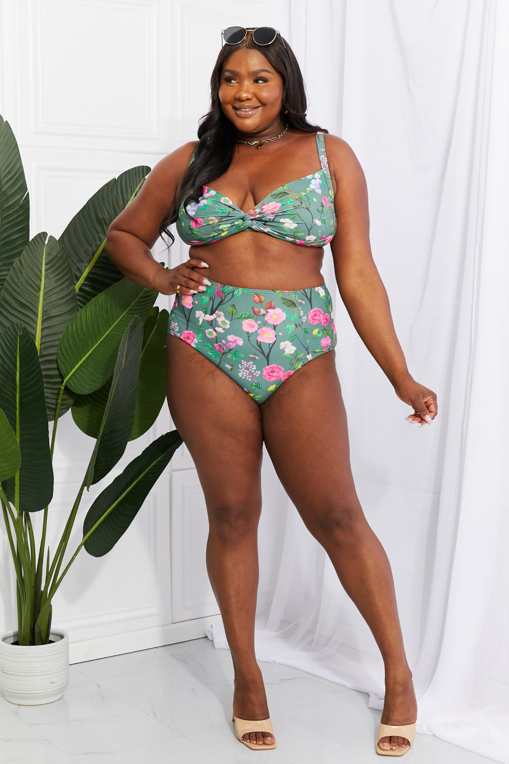 Flirty Floral Twist-Front Bikini with High-Rise Bottoms