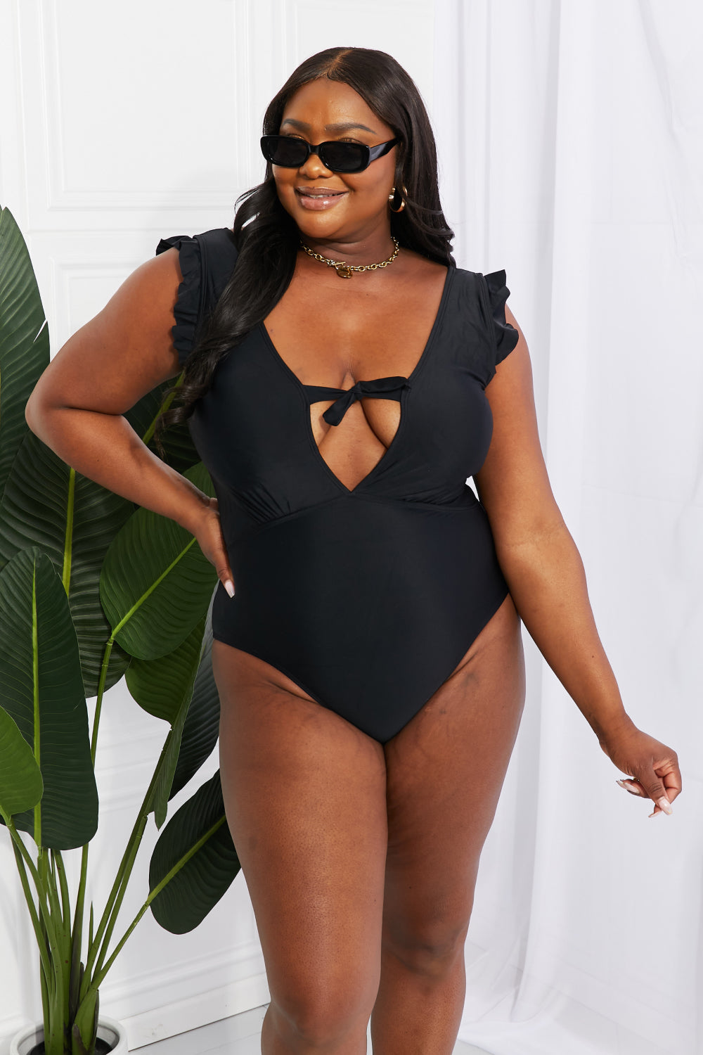 Flirty Backless Ruffle Sleeve One-Piece with Plunging Neckline and Bust Tie