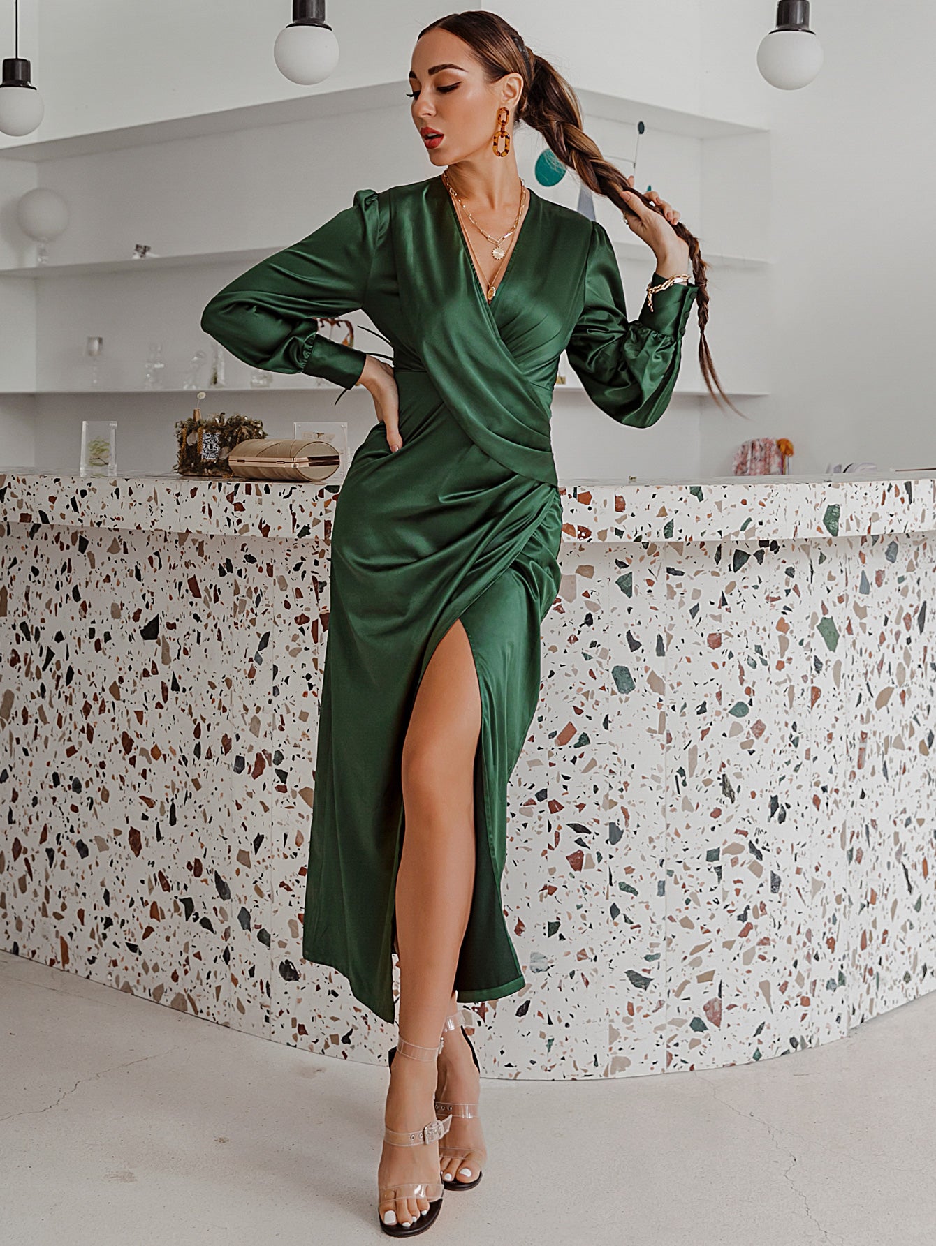 Surplice Bubble Sleeve Midi Dress - WESTHUNDRED