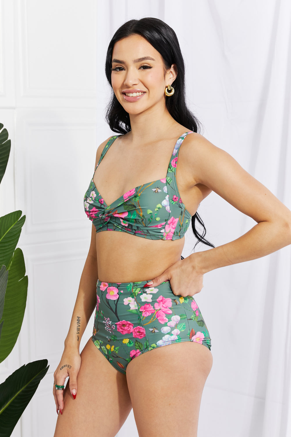 Flirty Floral Twist-Front Bikini with High-Rise Bottoms
