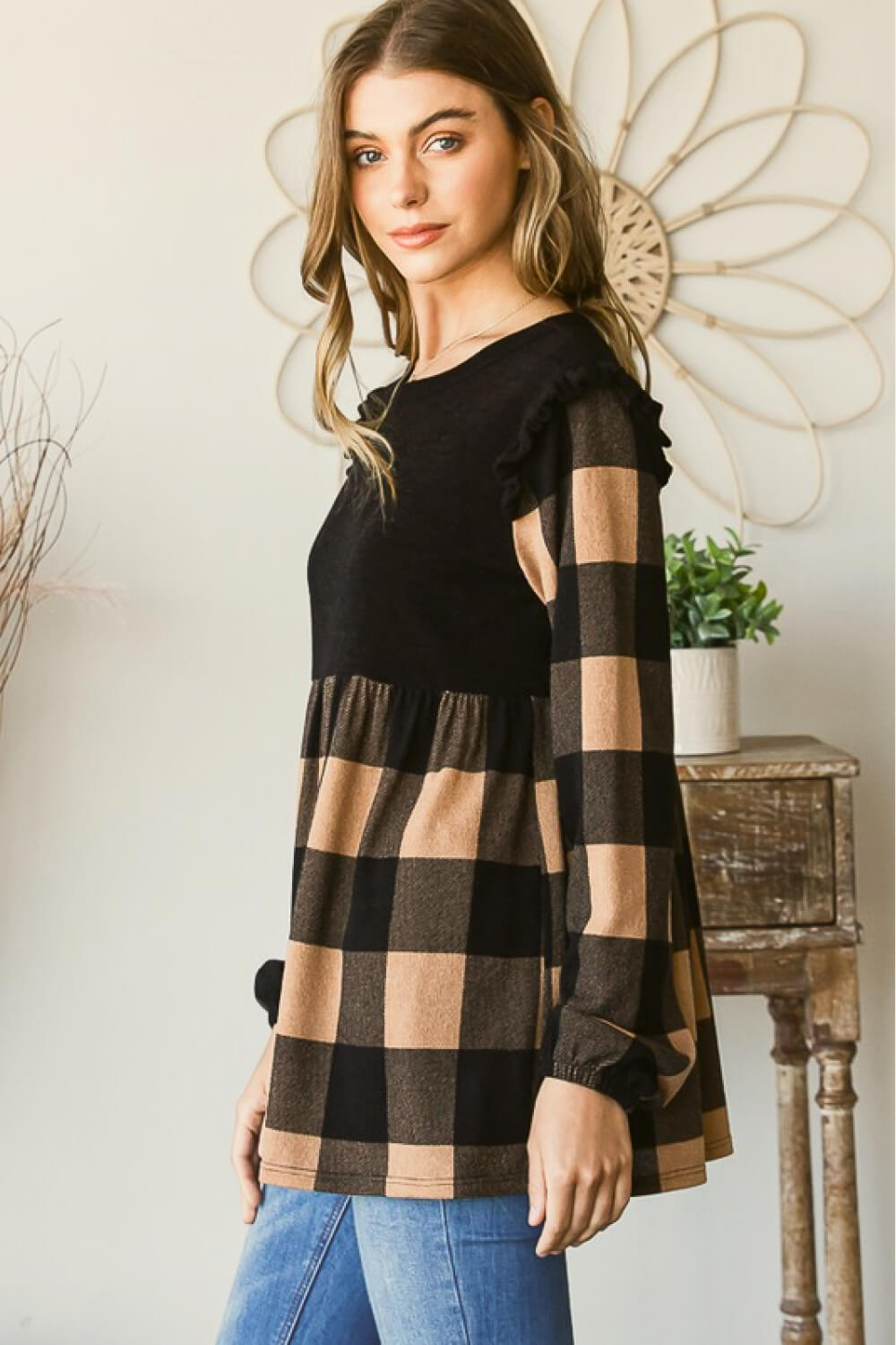 Plaid Contrast Long Sleeve Top
