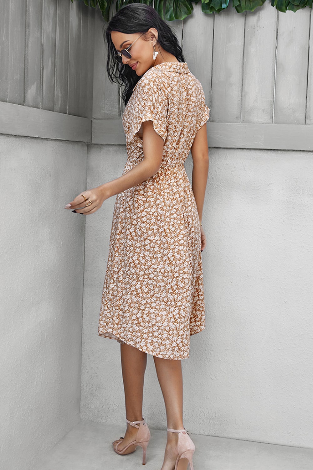 Ditsy Floral Tie-Waist Half Button Dress - WESTHUNDRED