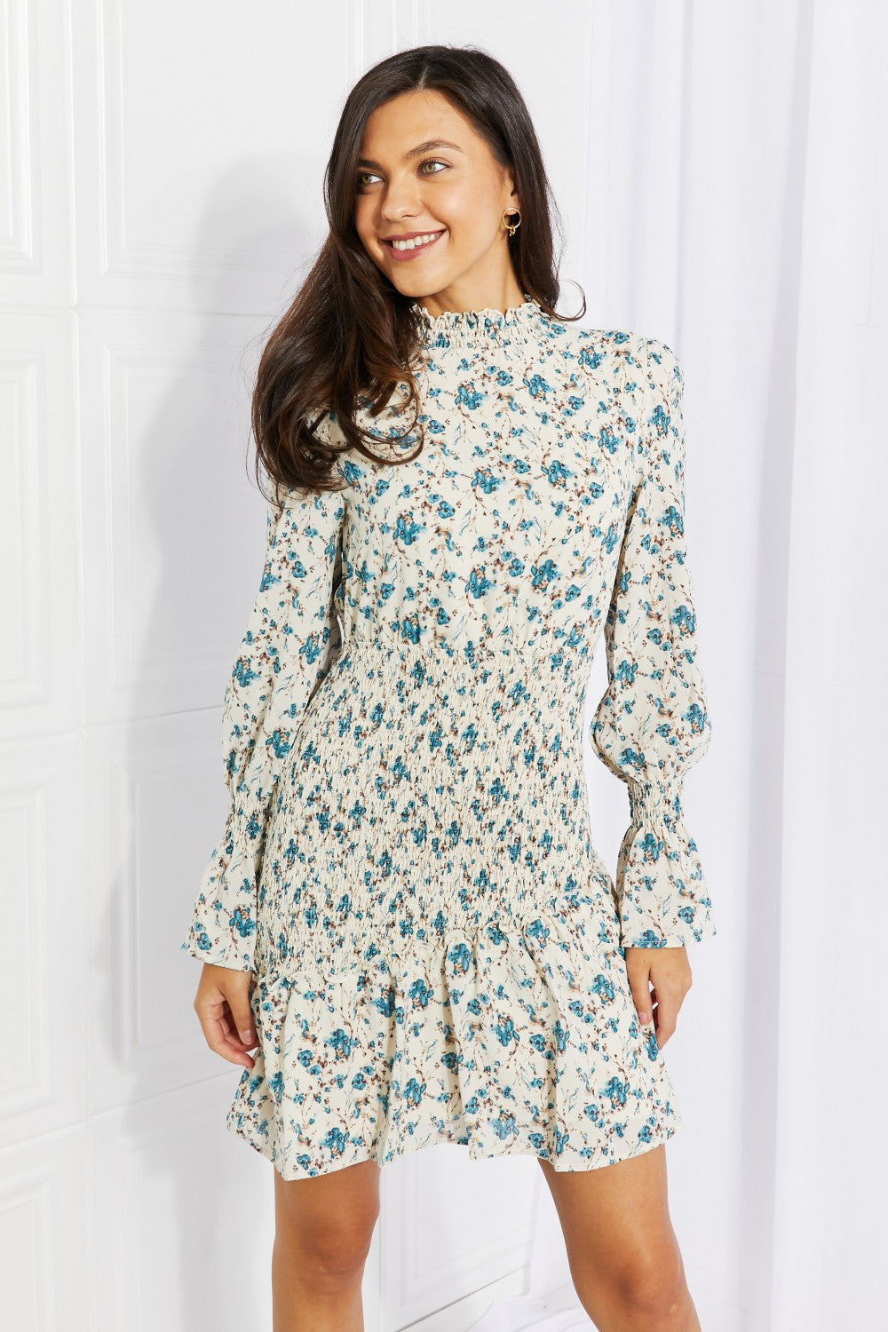 Flirty Floral Smocked Mini Dress with Flounced Sleeves
