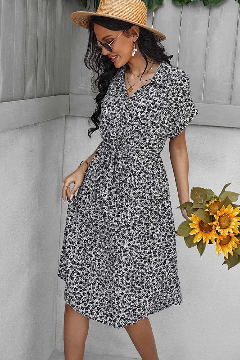 Ditsy Floral Tie-Waist Half Button Dress - WESTHUNDRED