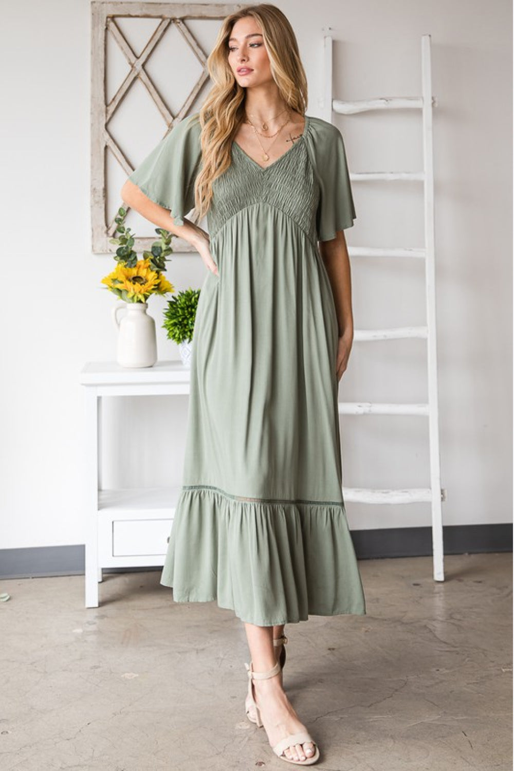 Casual V-neck Pocket Midi Sage Dress