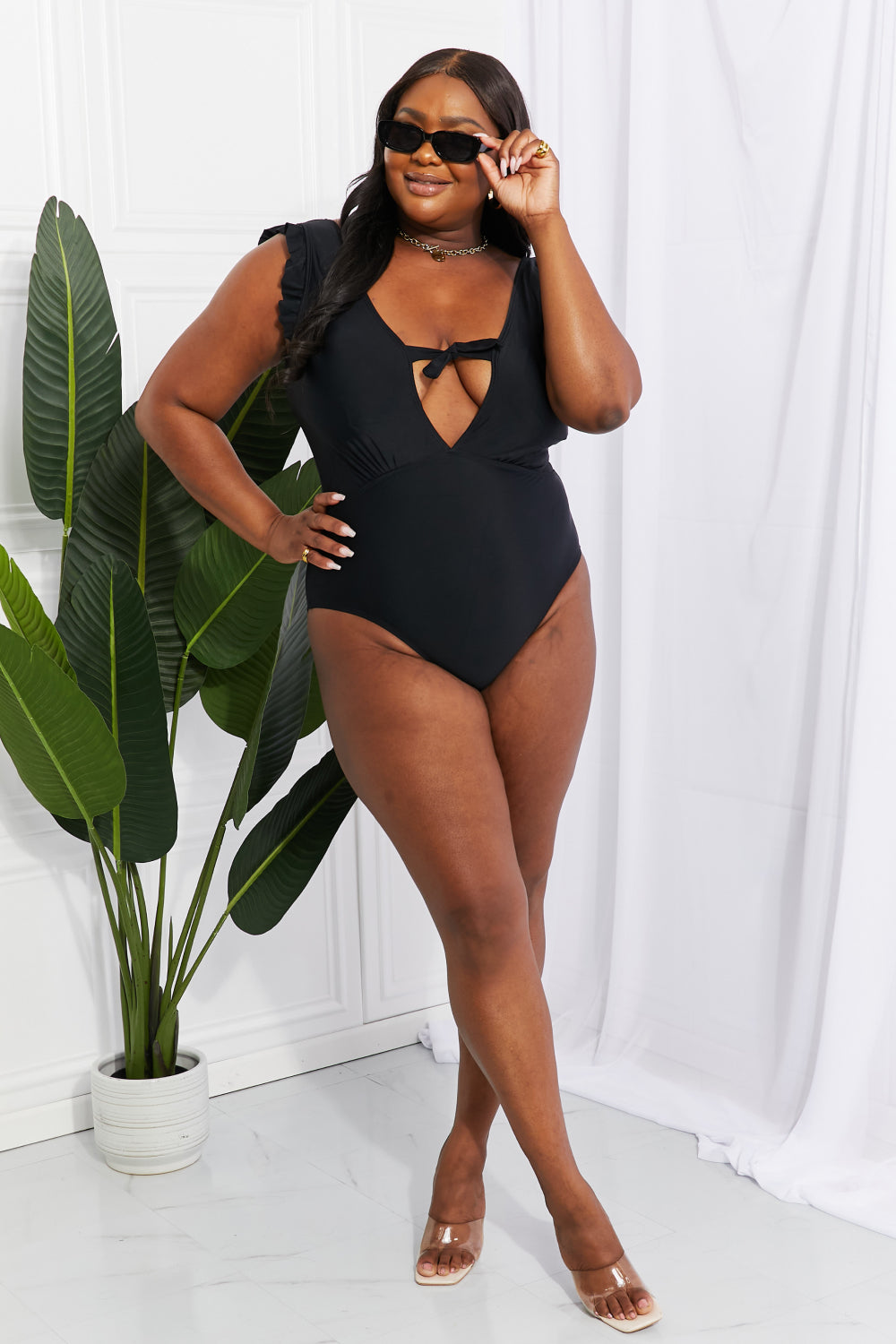 Flirty Backless Ruffle Sleeve One-Piece with Plunging Neckline and Bust Tie