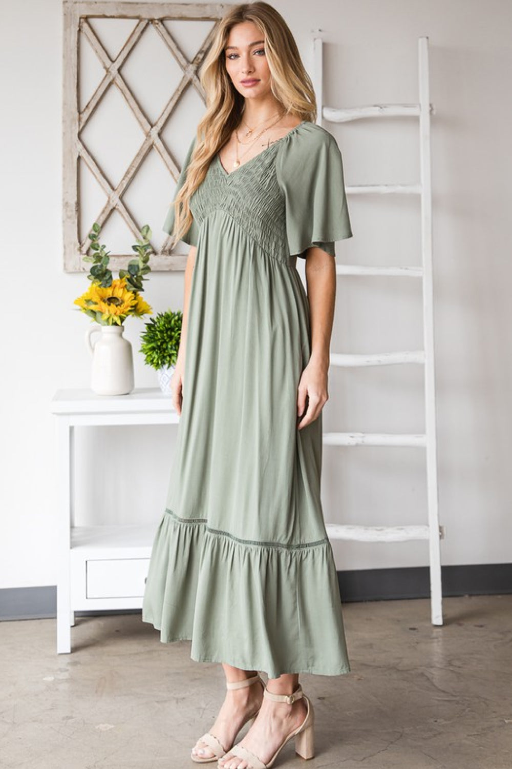 Casual V-neck Pocket Midi Sage Dress