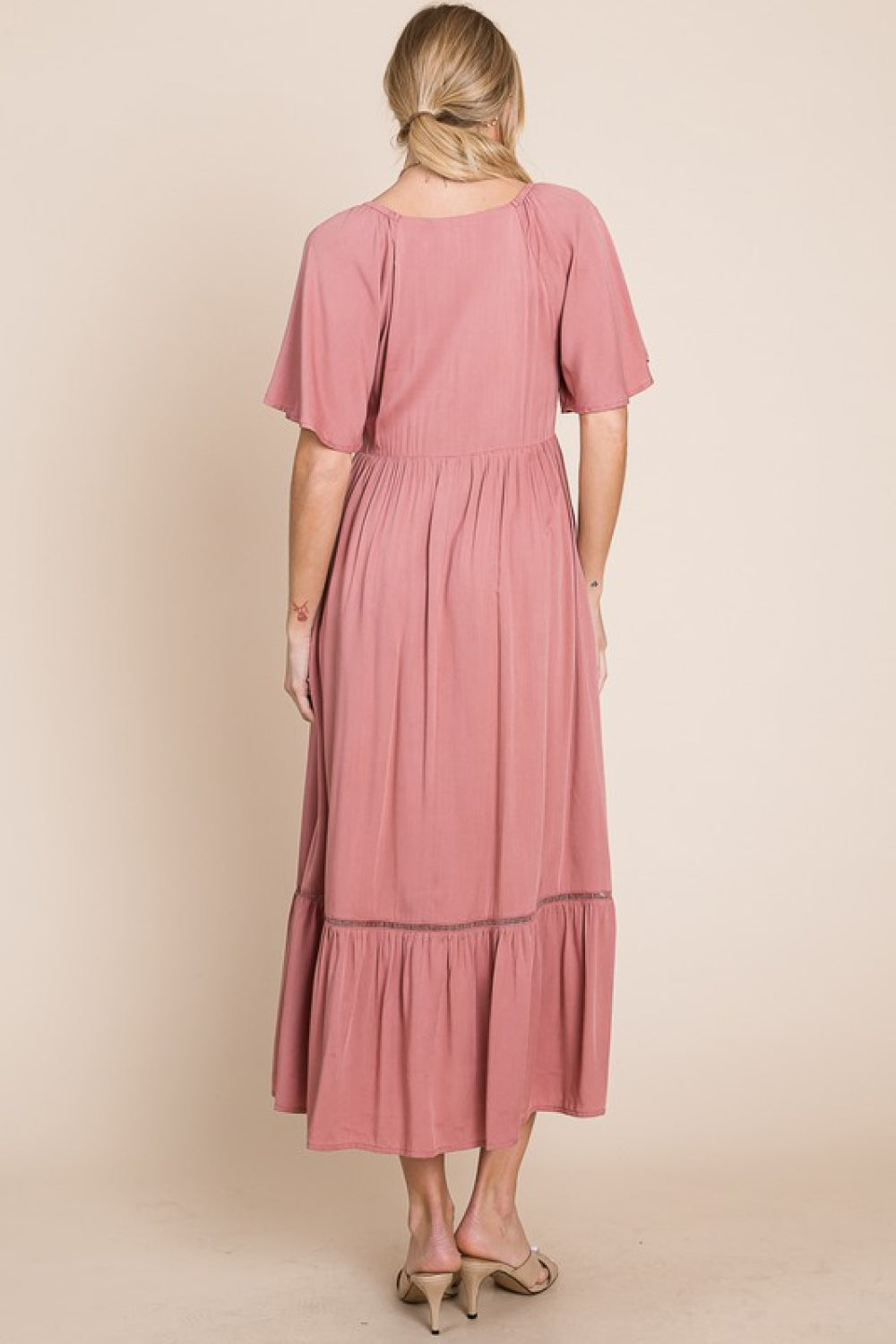 Casual V-neck Pocket Midi Pink Dress