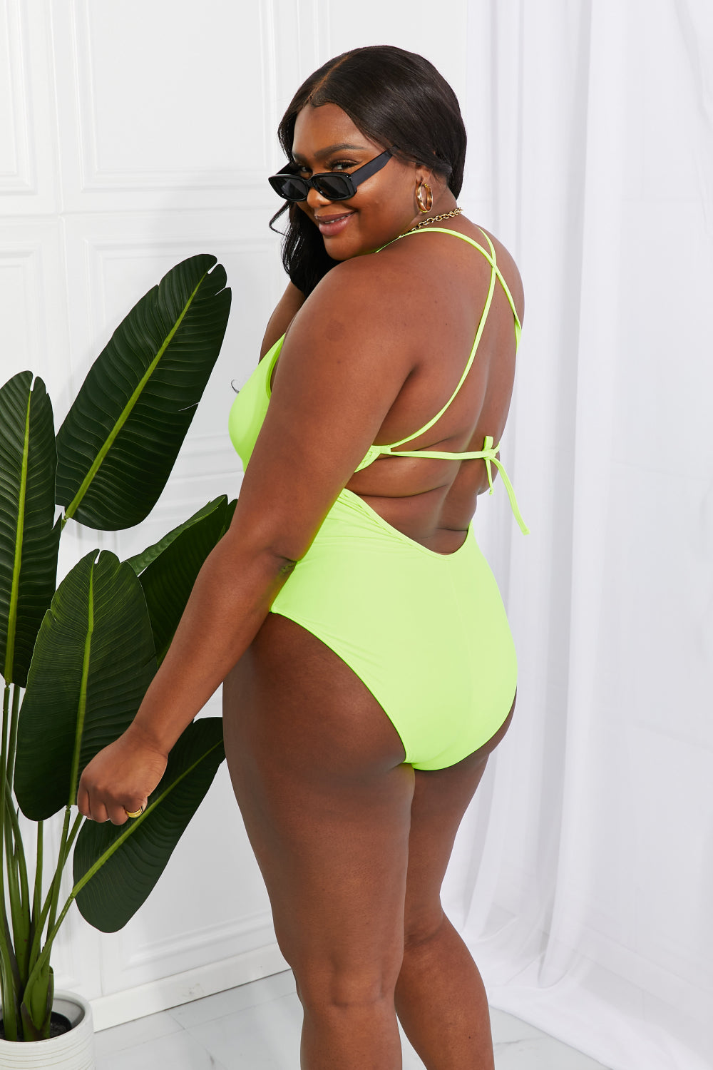 Lemon-Lime Delight: One-Piece Backless Swimsuit