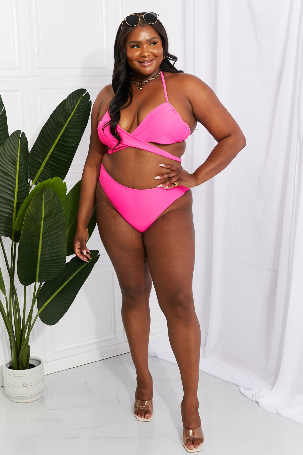 Pink Double Strap Halter Twisted Bikini
