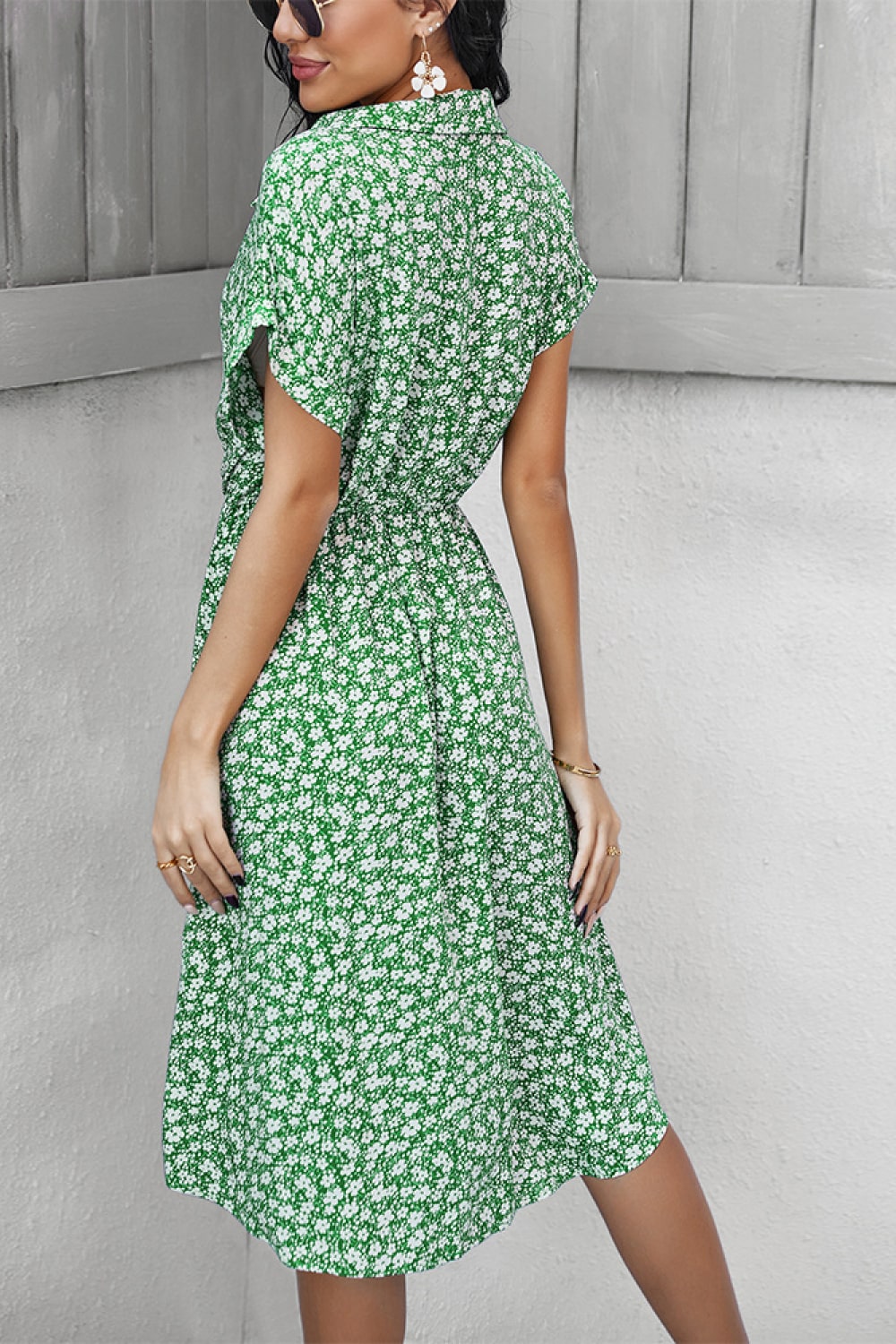 Ditsy Floral Tie-Waist Half Button Dress - WESTHUNDRED