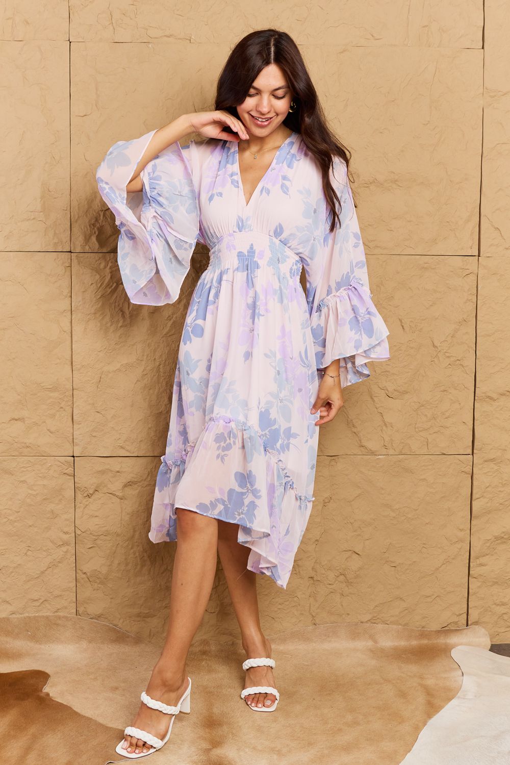 Joyful Floral Bell Sleeve Midi Dress