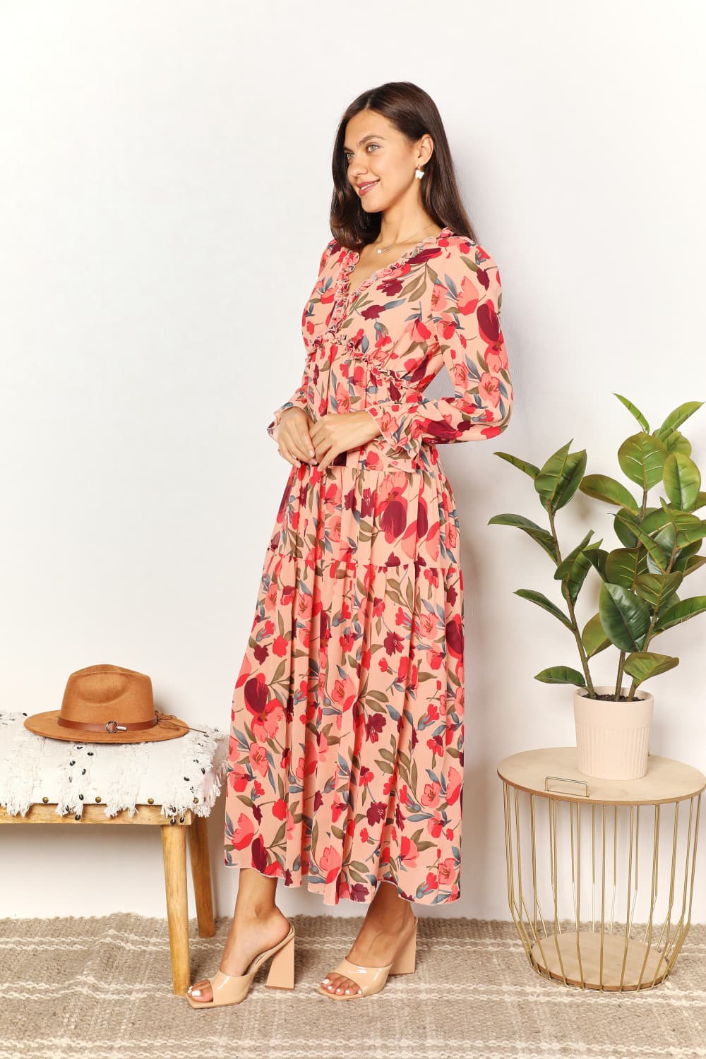 Blossoming Allure: Floral Maxi Dress with Plunging Neckline and Frill Trim
