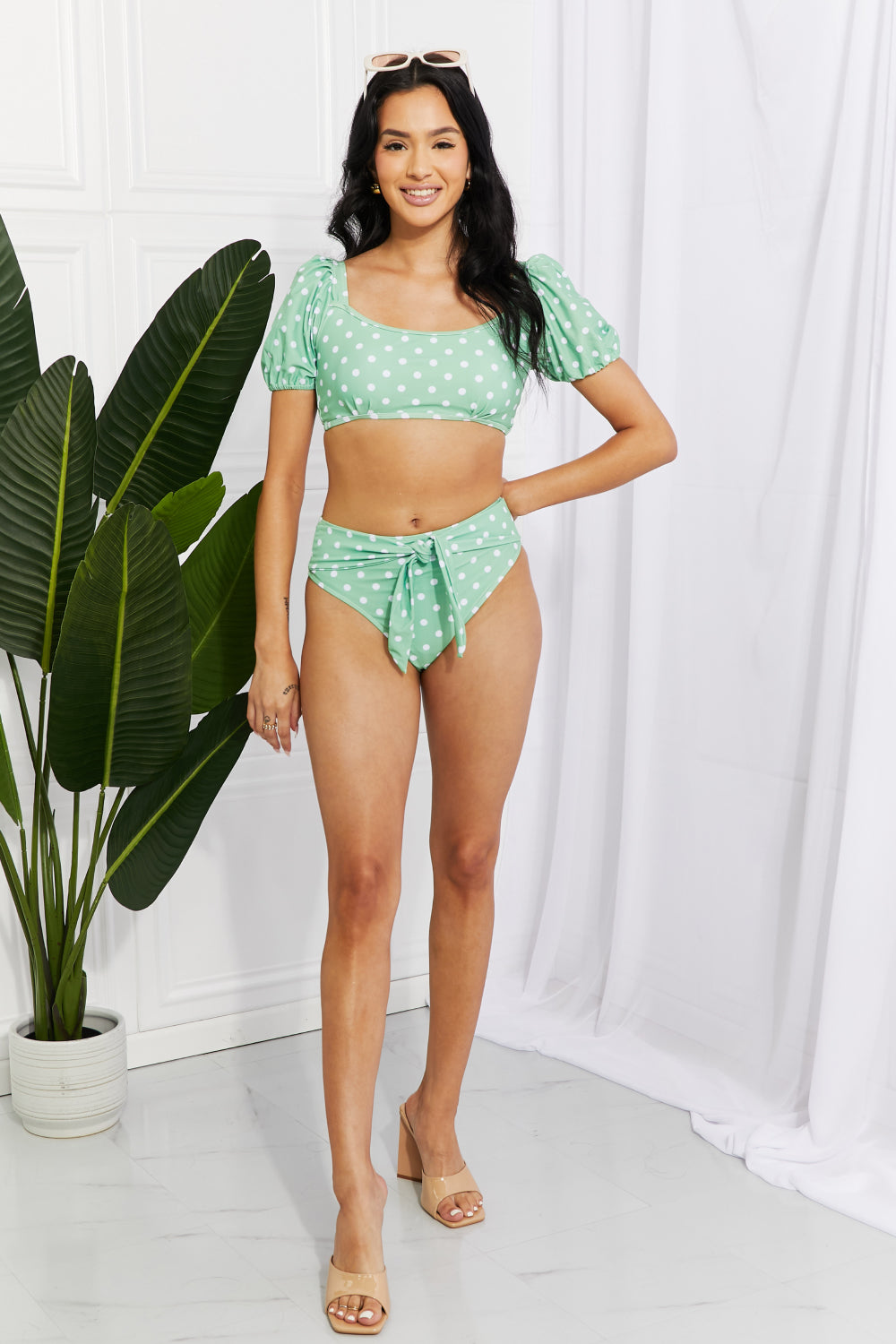 Puff Sleeve Two-Piece Swimsuit with Mid-Rise Bottoms and Waist Tie