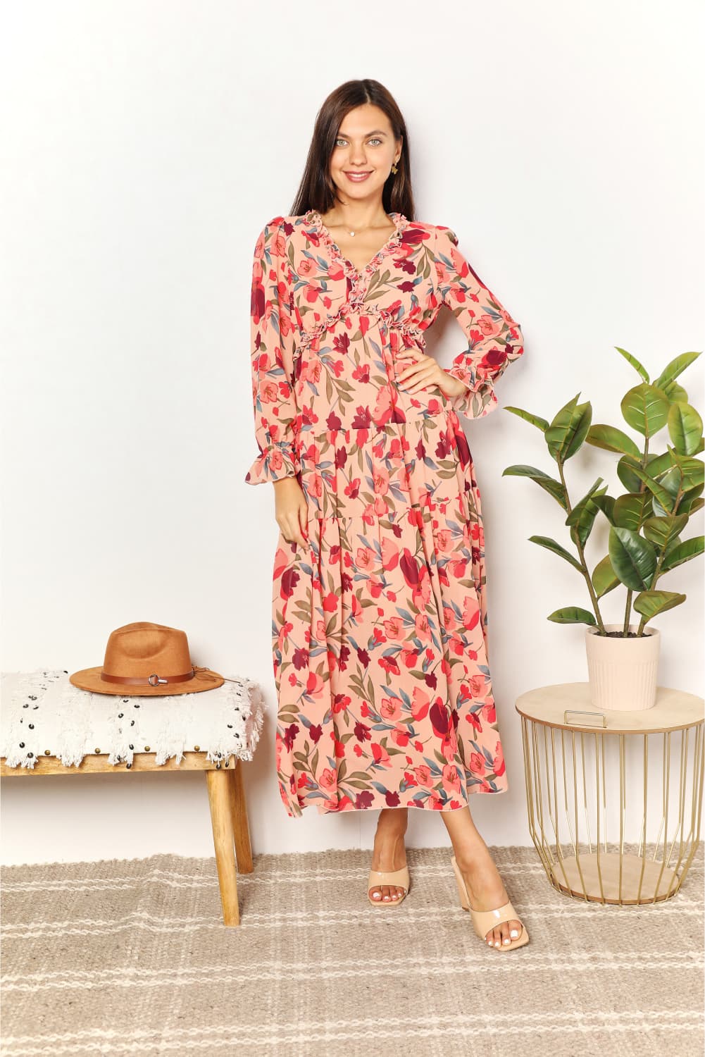 Blossoming Allure: Floral Maxi Dress with Plunging Neckline and Frill Trim
