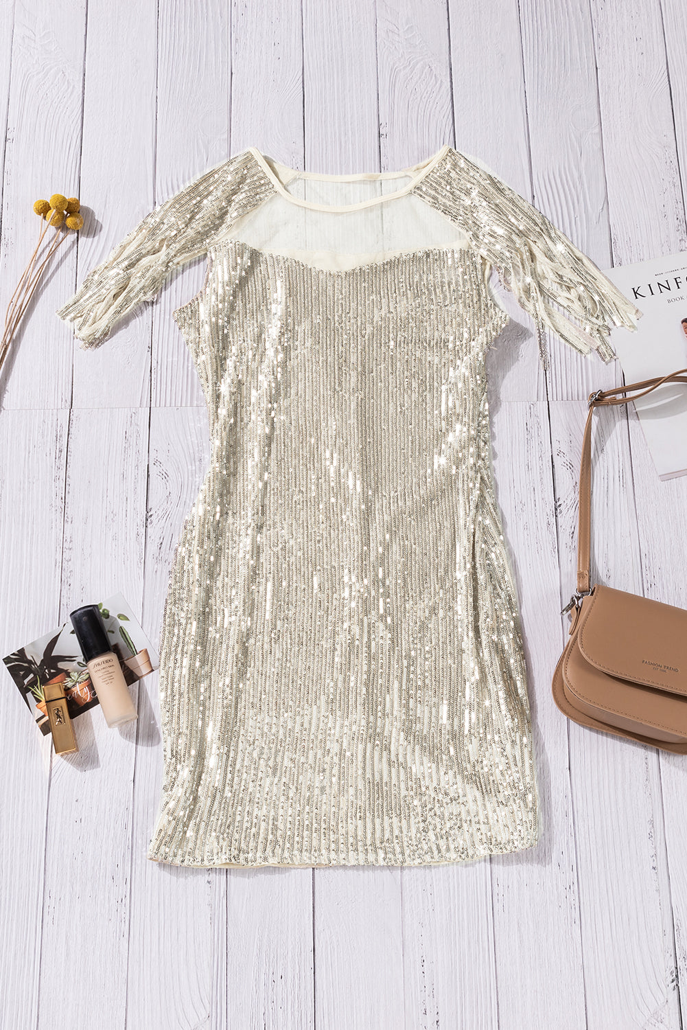 Mesh Panel Tassel Sequins Bodycon Dress - WESTHUNDRED