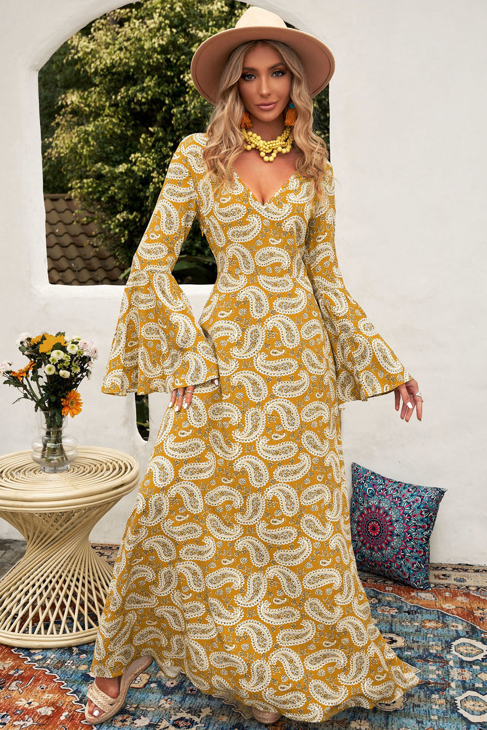 Paisley Print Bell Sleeve V-Neck Maxi Dress - WESTHUNDRED