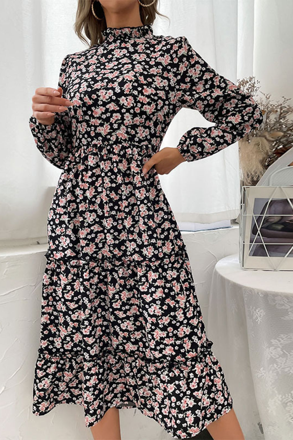 Floral Tiered Frill Trim Midi Dress - WESTHUNDRED