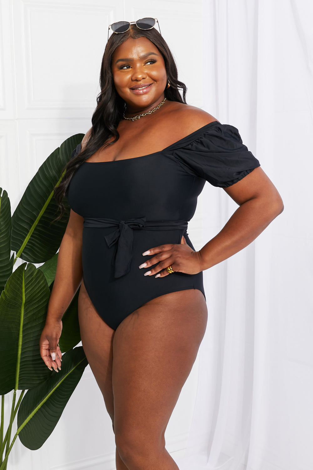 Chic and Stylish: Puff Sleeve One-Piece with Tie Belt