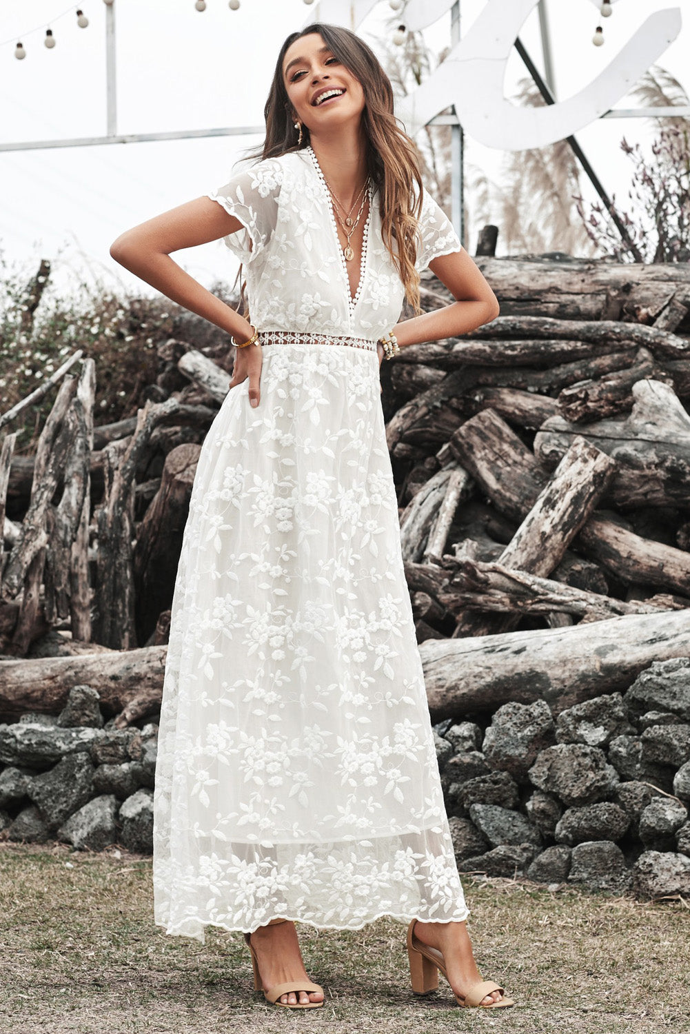 Lace Hollow-out V Neck Chiffon Dress - WESTHUNDRED