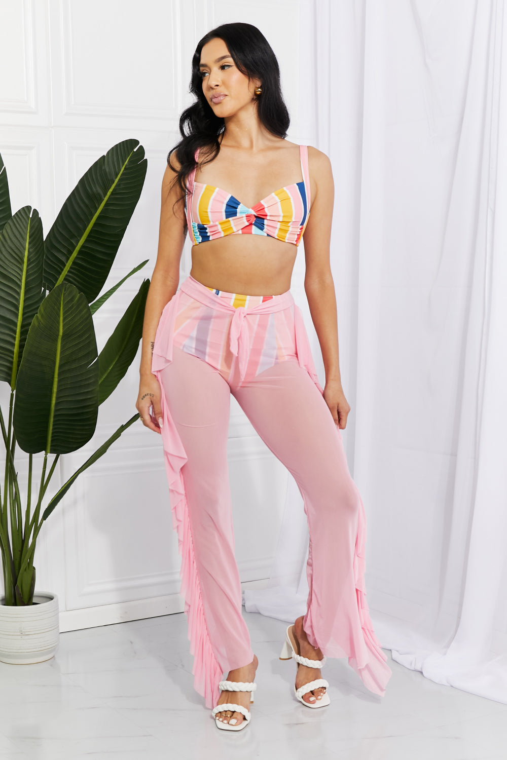 Blush Pink Beach Mesh Ruffle Cover-Up Pants
