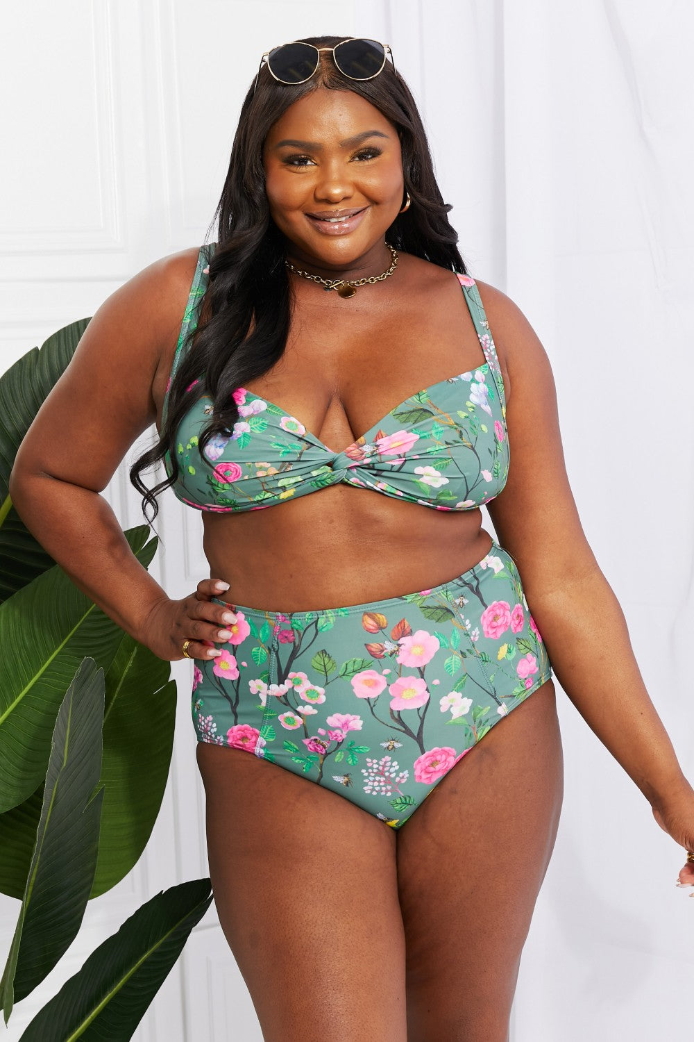 Flirty Floral Twist-Front Bikini with High-Rise Bottoms