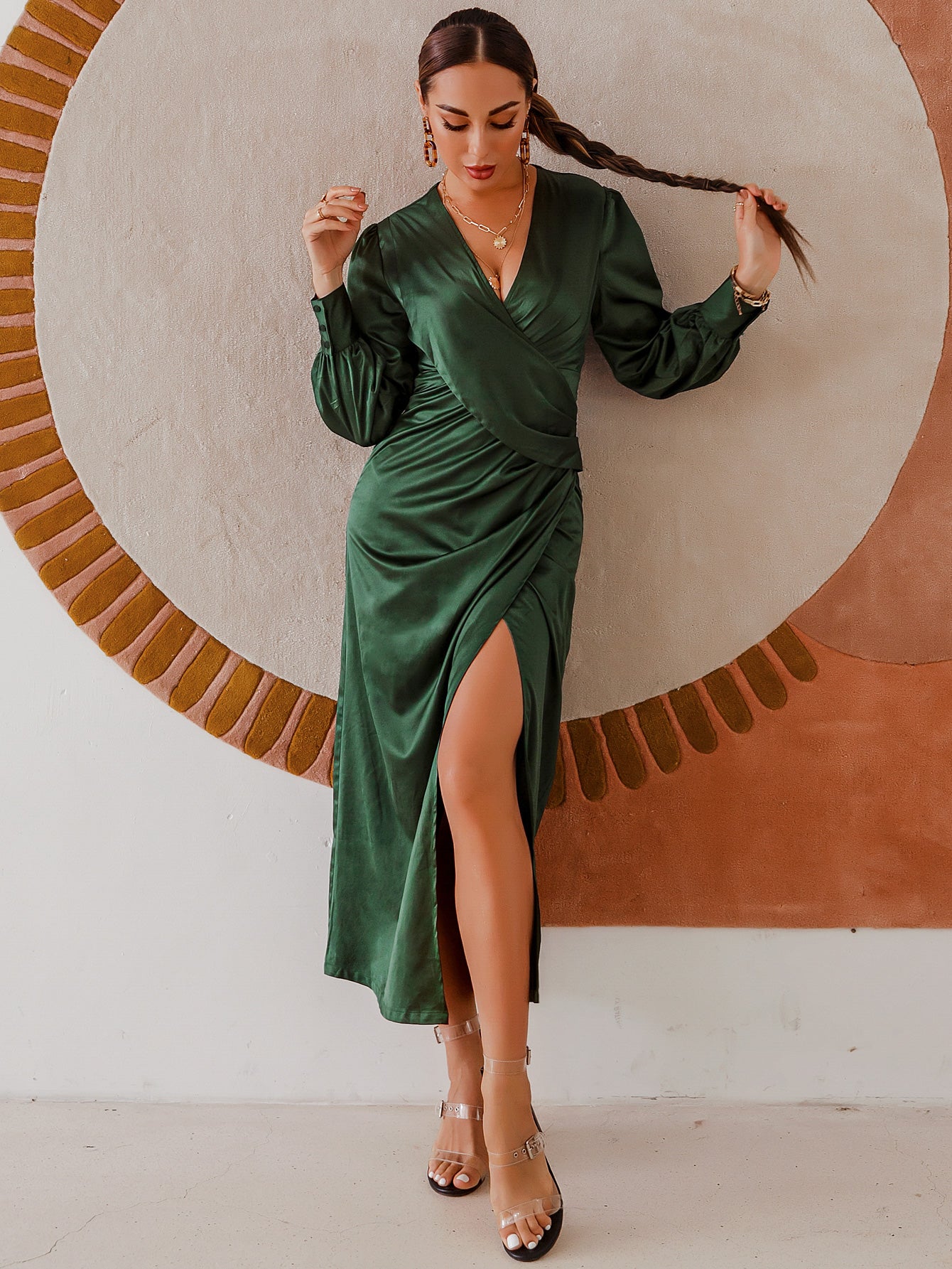 Surplice Bubble Sleeve Midi Dress - WESTHUNDRED