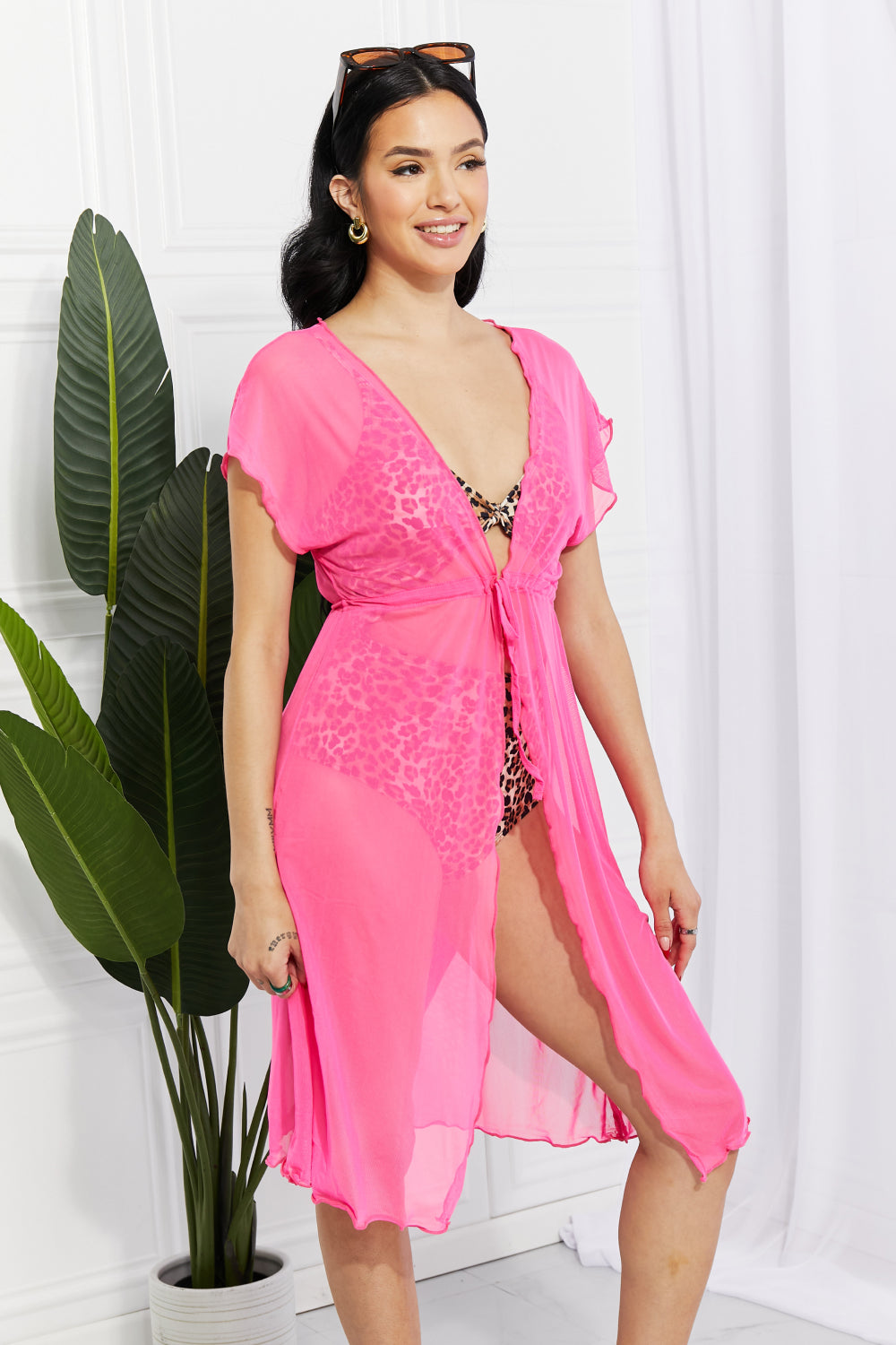 Sheer Pink Mesh Tie-Front Cover-Up