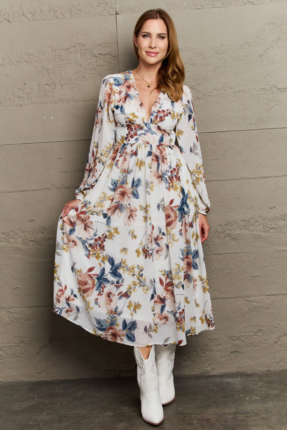Blooms of Grace: Chiffon Floral Midi Dress with Timeless Elegance