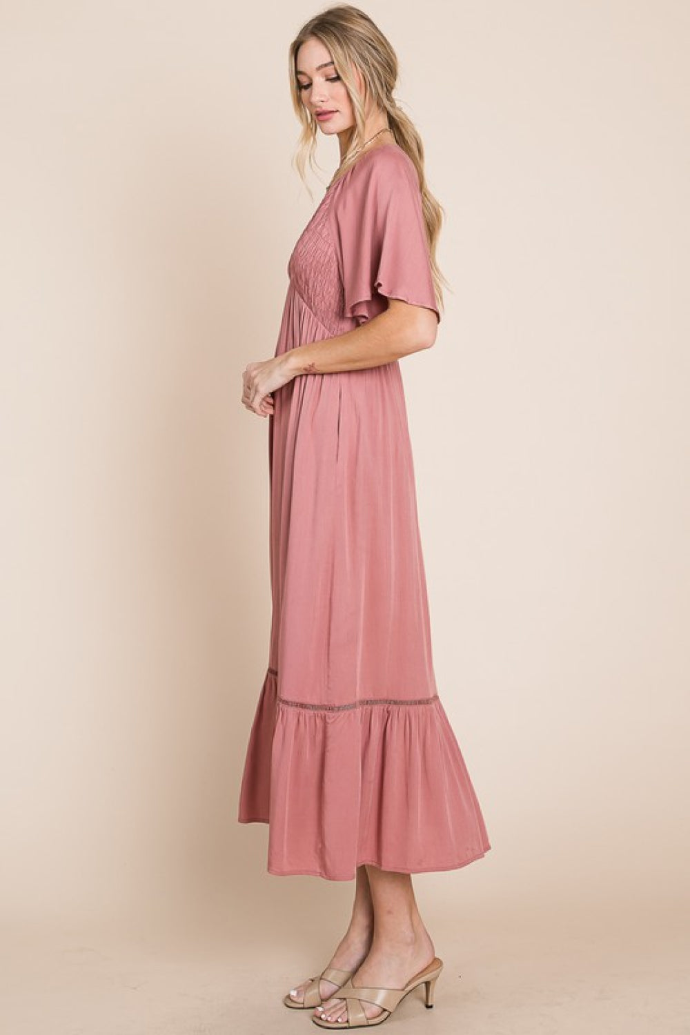 Casual V-neck Pocket Midi Pink Dress