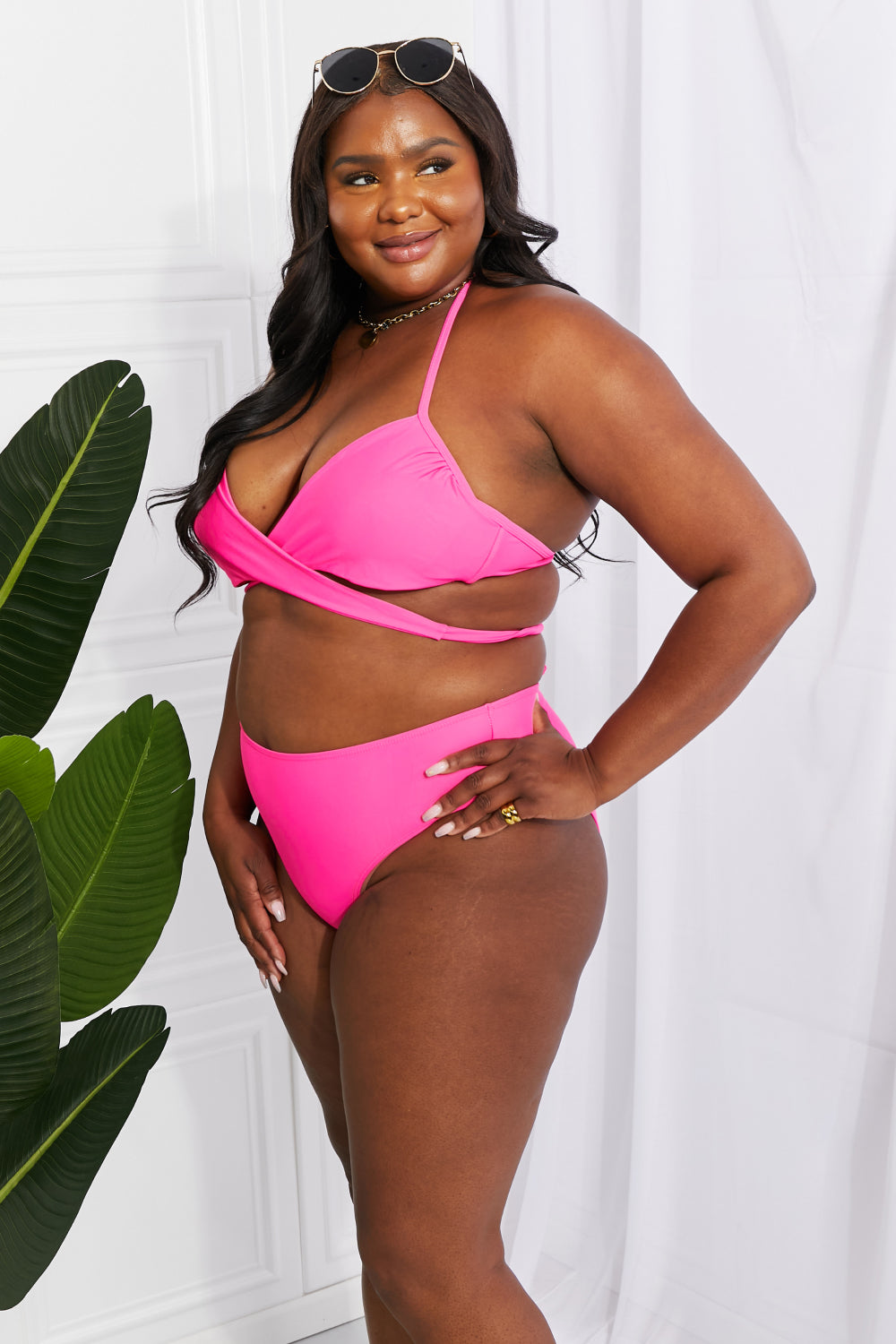 Pink Double Strap Halter Twisted Bikini
