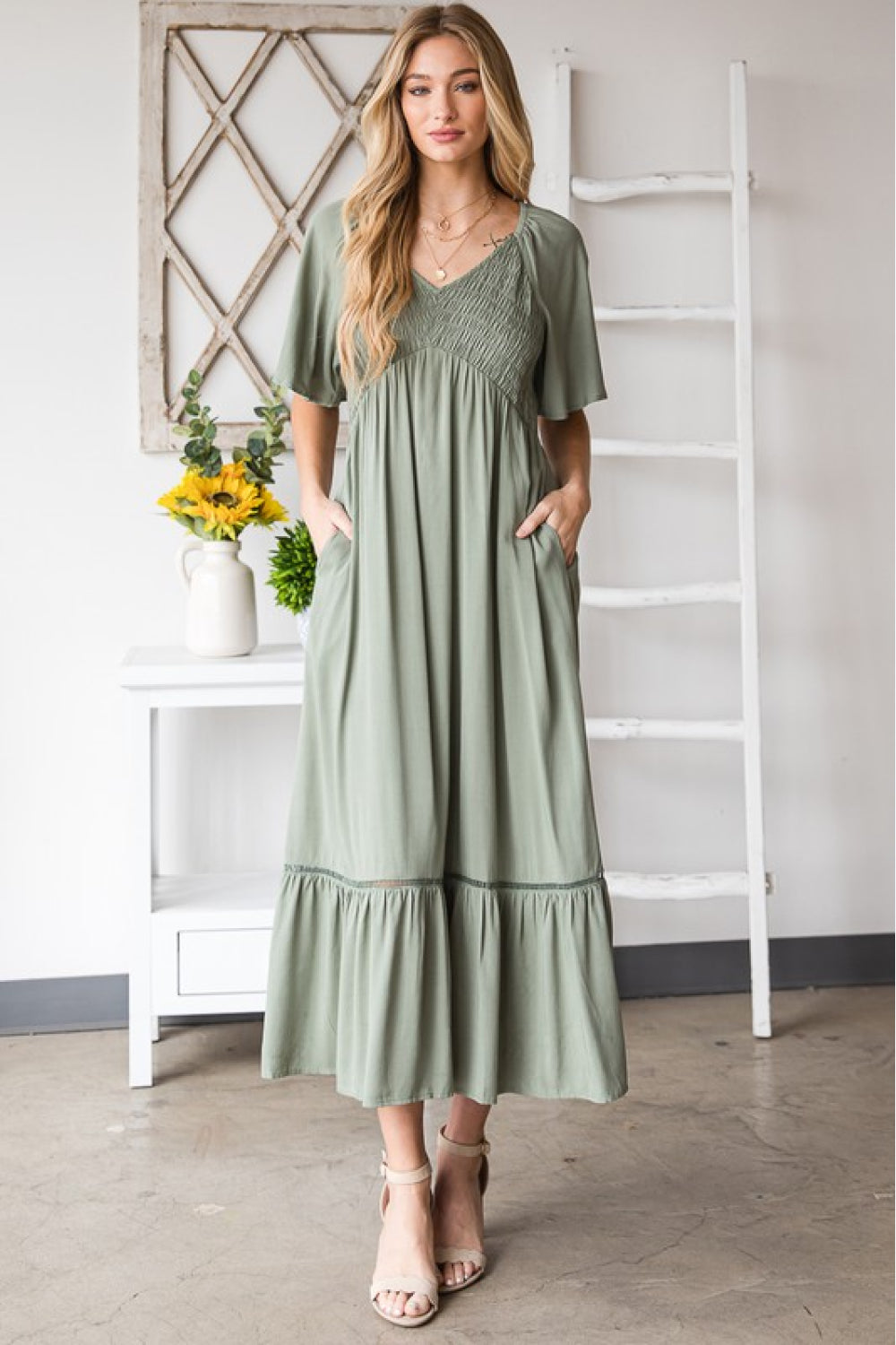 Casual V-neck Pocket Midi Sage Dress