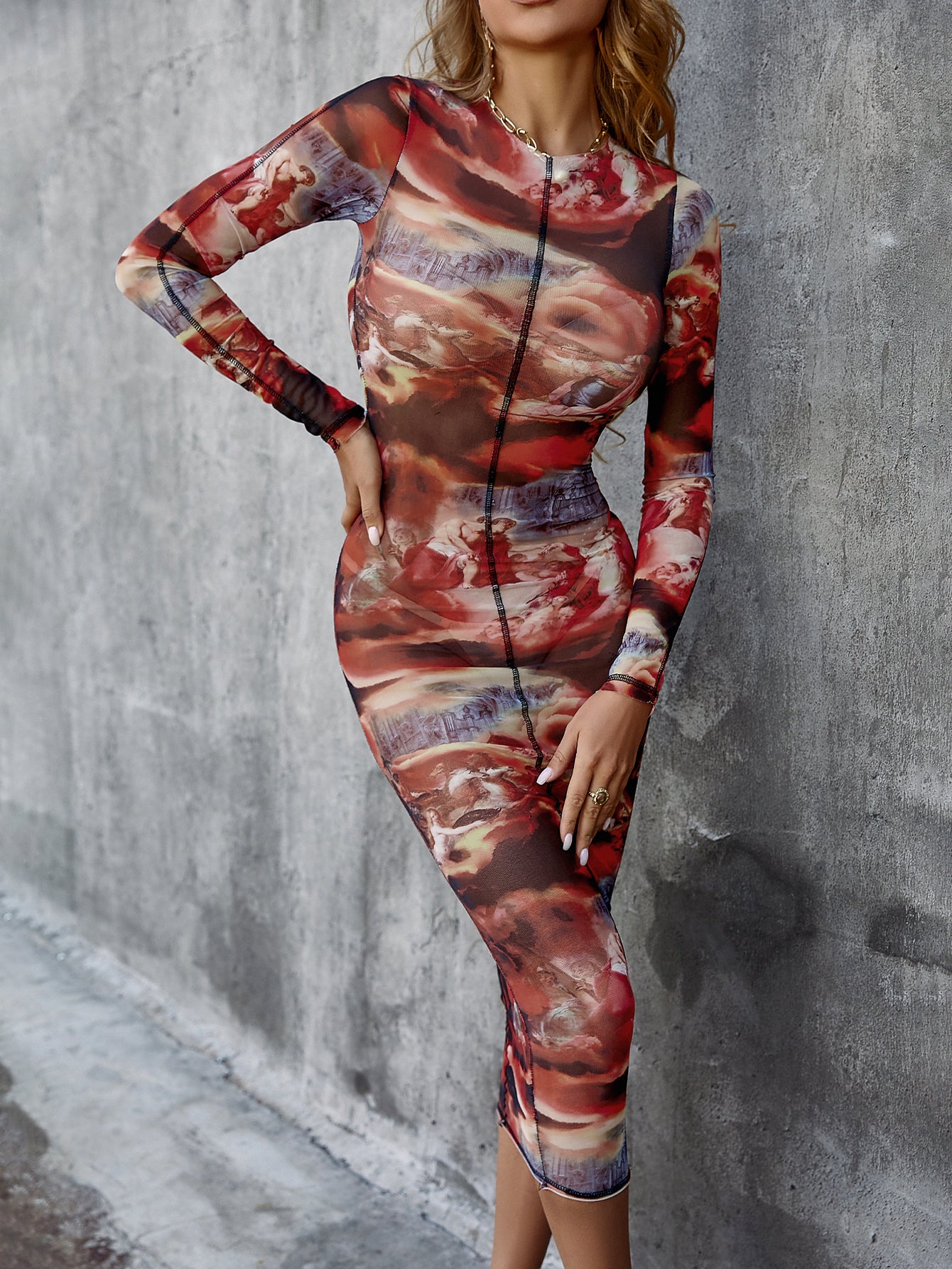 Printed Long Sleeve Crewneck Midi Bodycon Dress - WESTHUNDRED