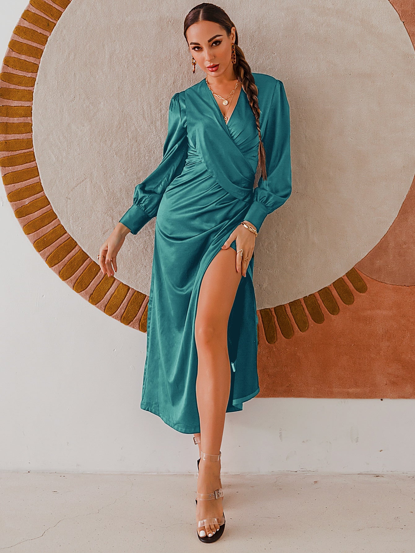 Split Hem Surplice Midi Dress - WESTHUNDRED