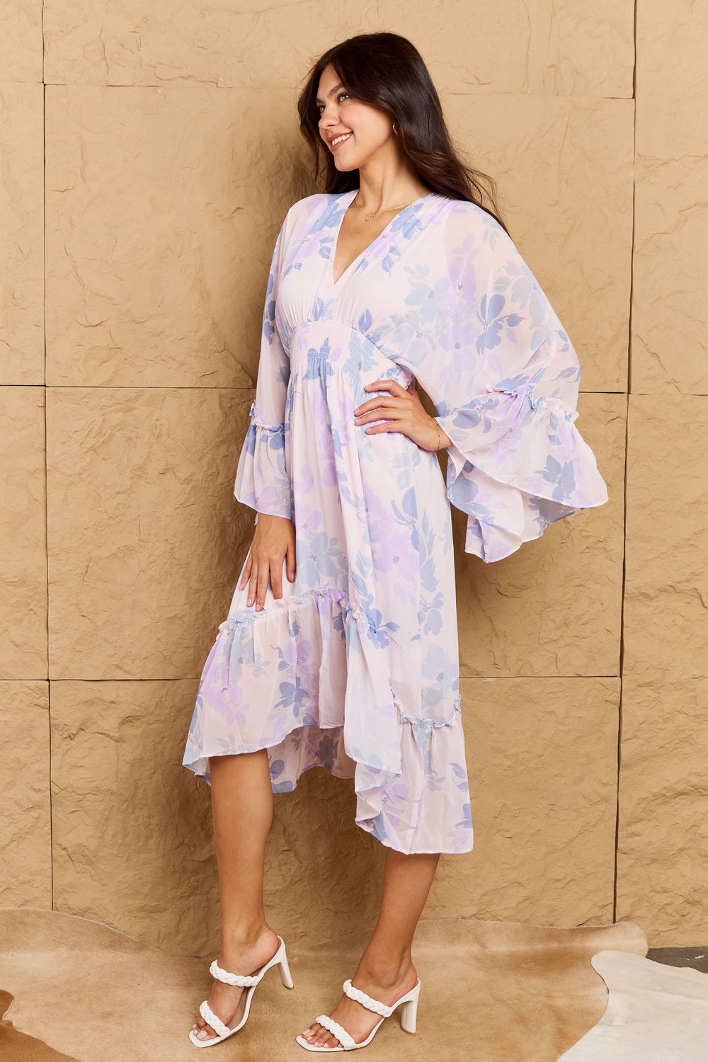 Joyful Floral Bell Sleeve Midi Dress