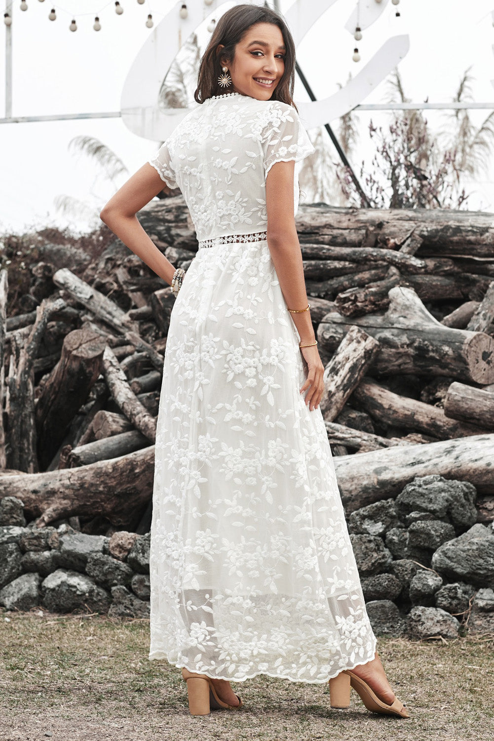 Lace Hollow-out V Neck Chiffon Dress - WESTHUNDRED