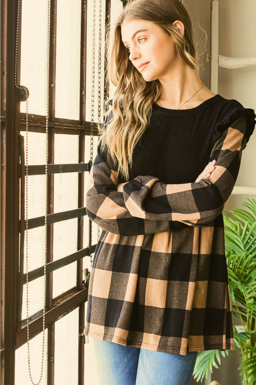 Plaid Contrast Long Sleeve Top
