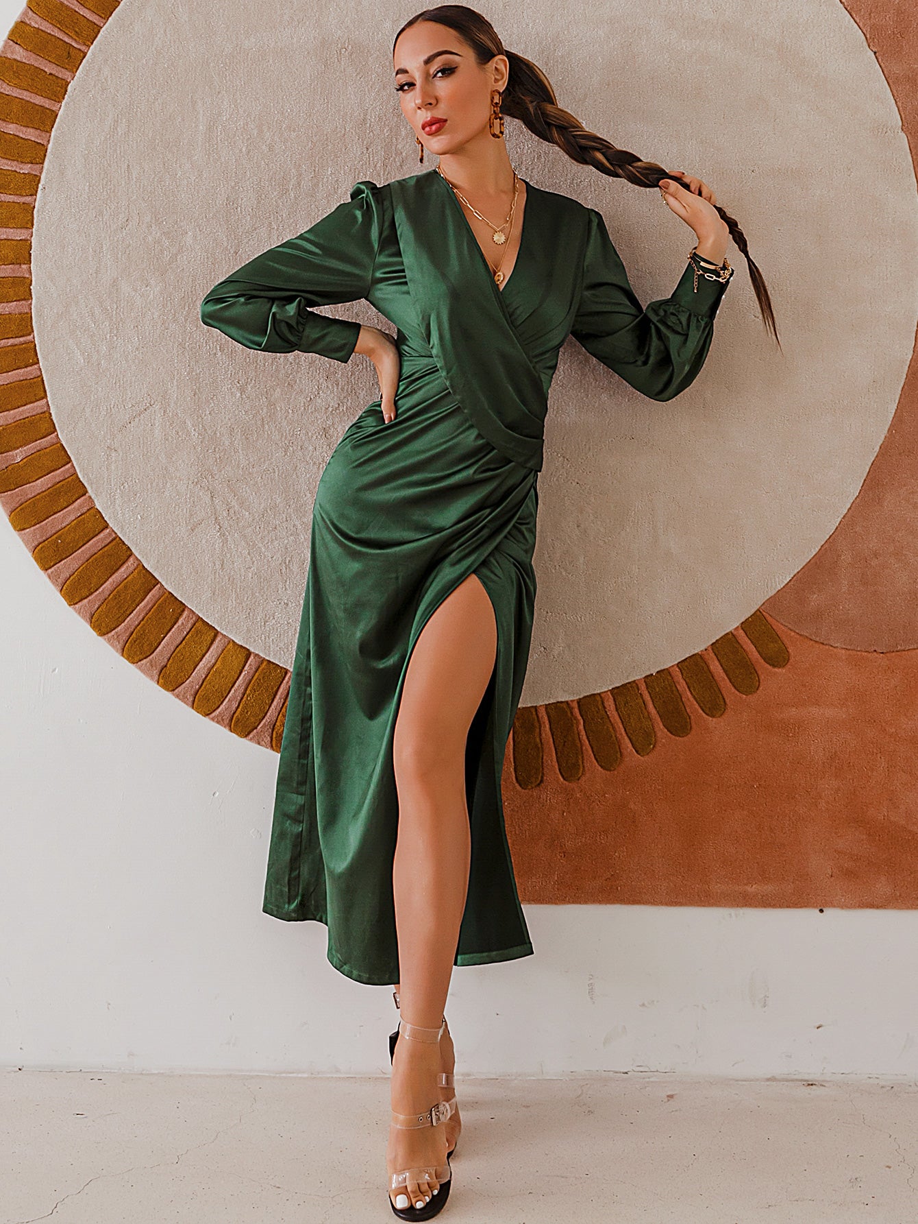 Surplice Bubble Sleeve Midi Dress - WESTHUNDRED