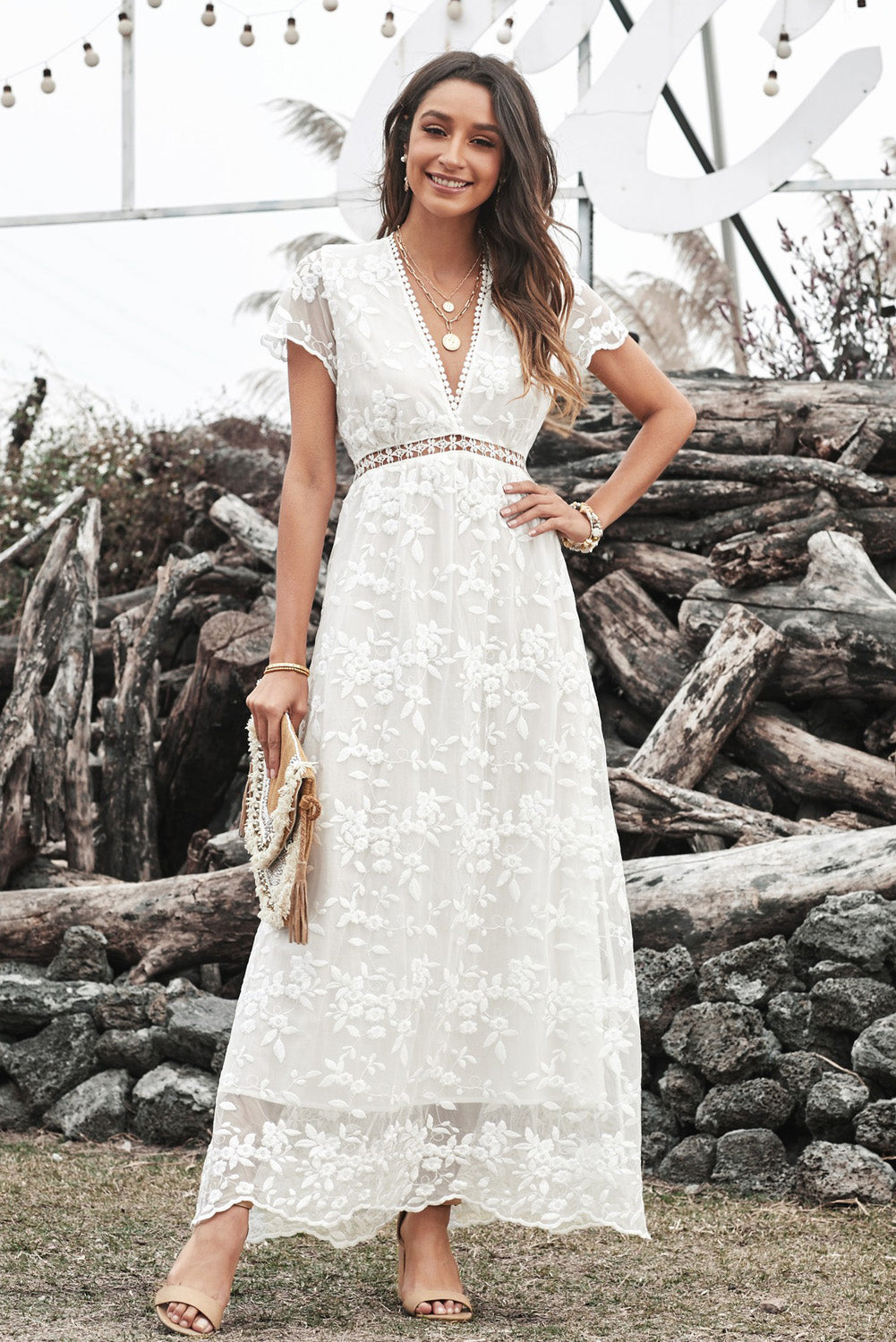 Lace Hollow-out V Neck Chiffon Dress - WESTHUNDRED