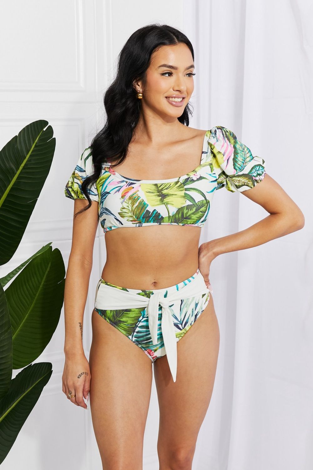 Tropical Puff Sleeve Detailed Bikini
