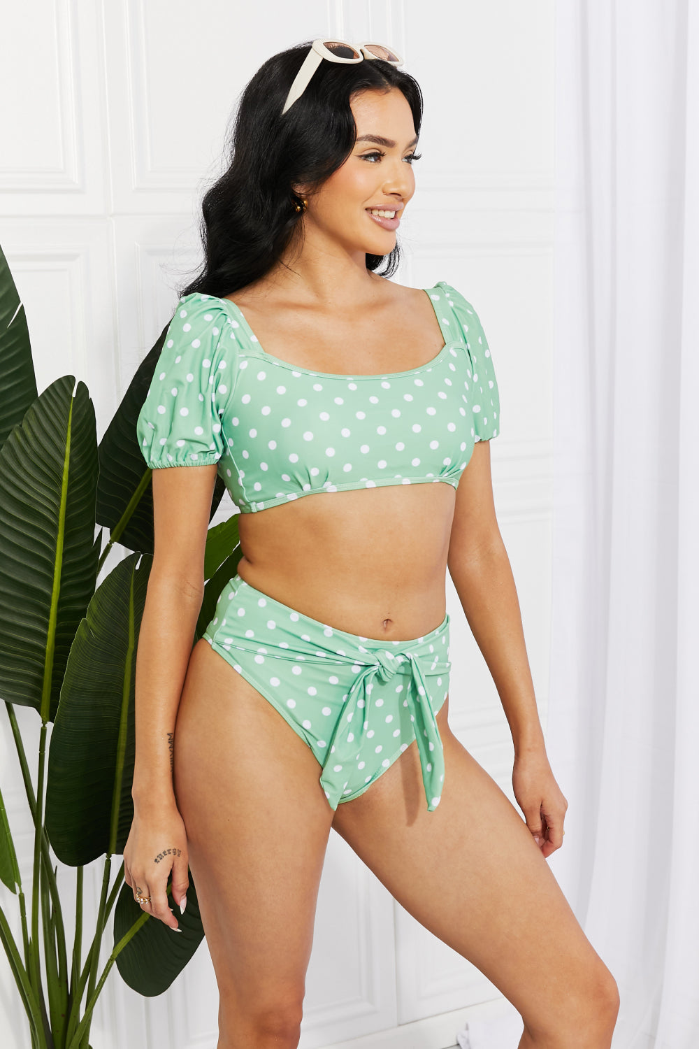 Puff Sleeve Two-Piece Swimsuit with Mid-Rise Bottoms and Waist Tie