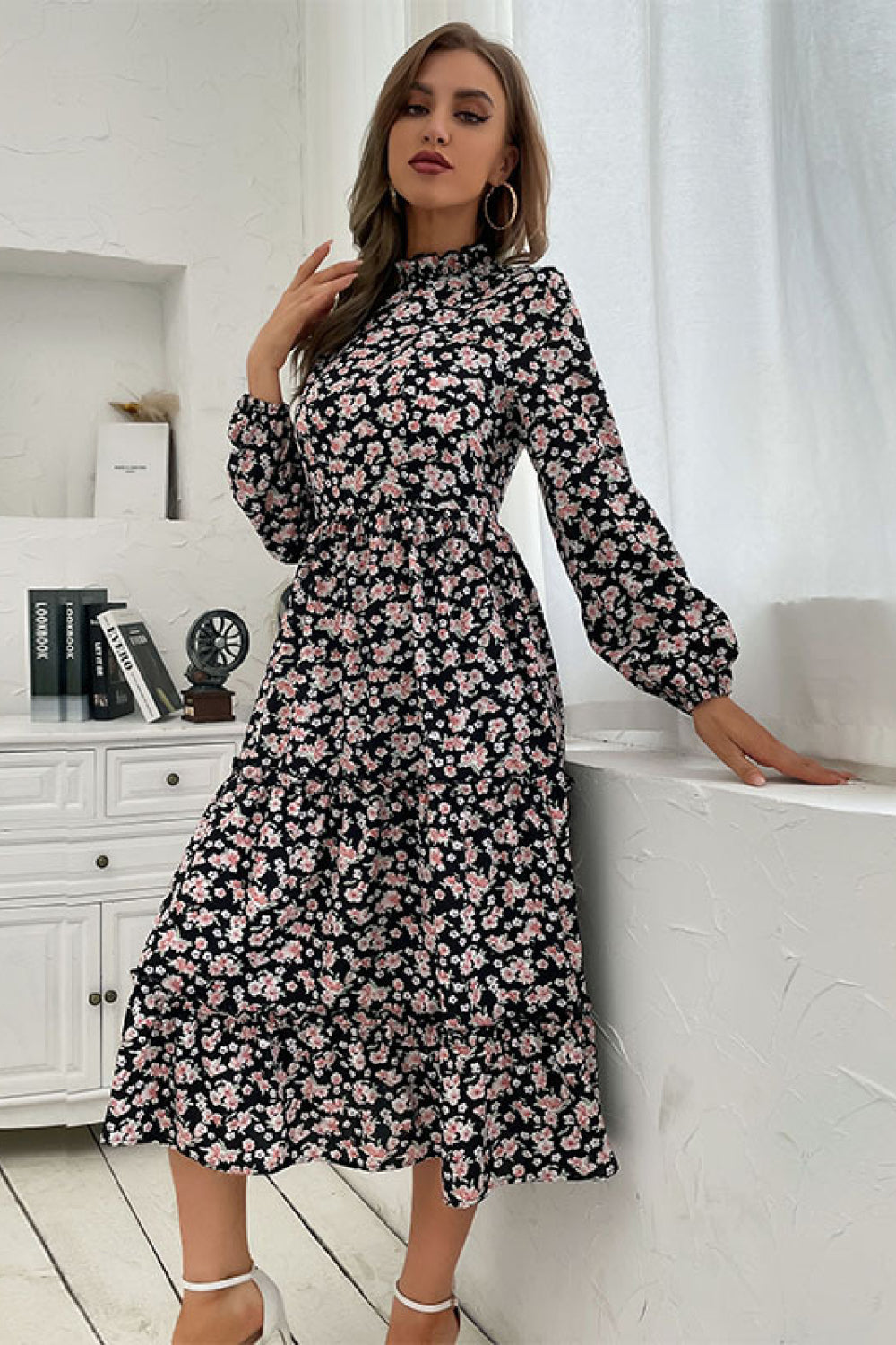 Floral Tiered Frill Trim Midi Dress - WESTHUNDRED