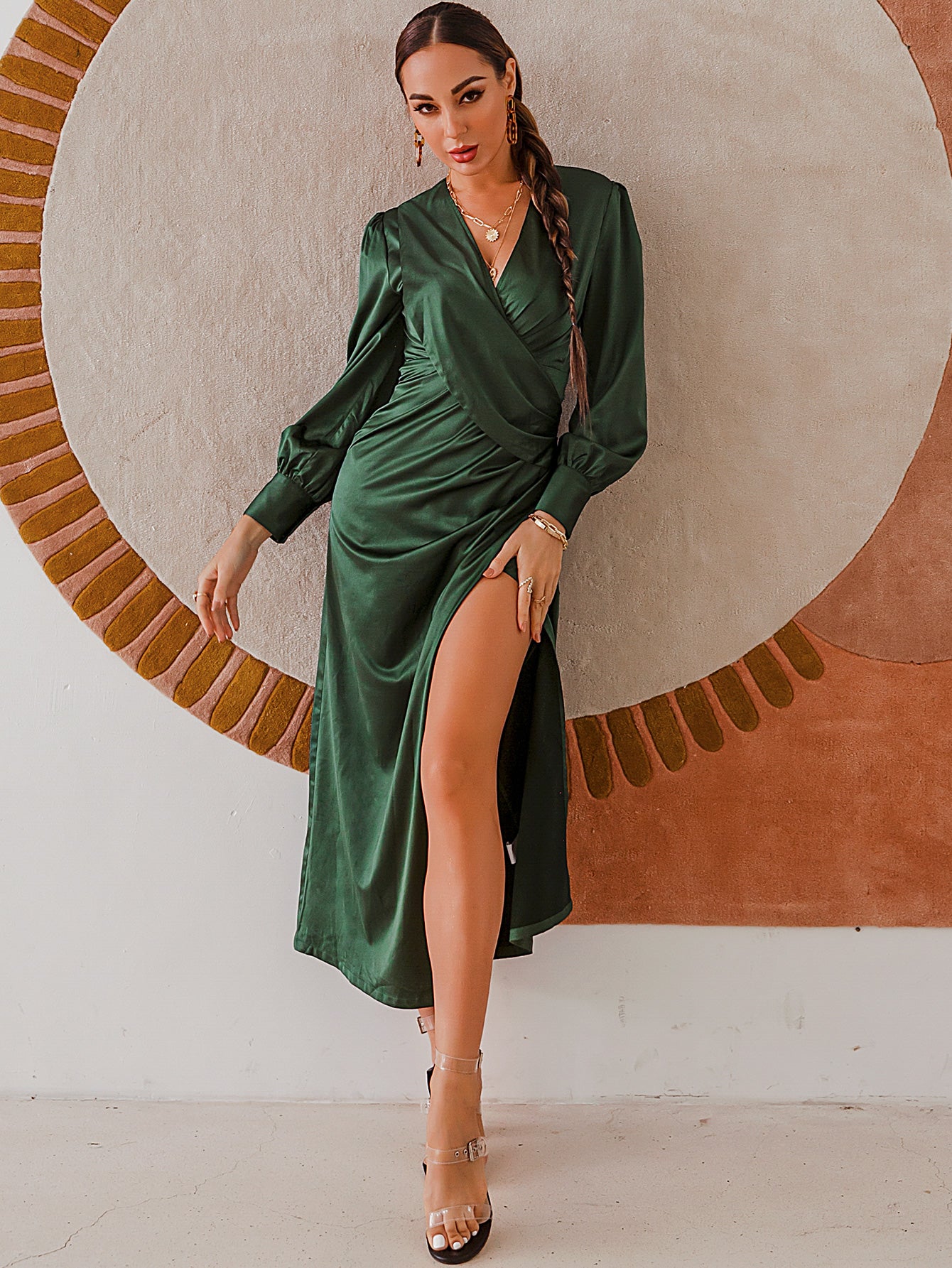 Surplice Bubble Sleeve Midi Dress - WESTHUNDRED