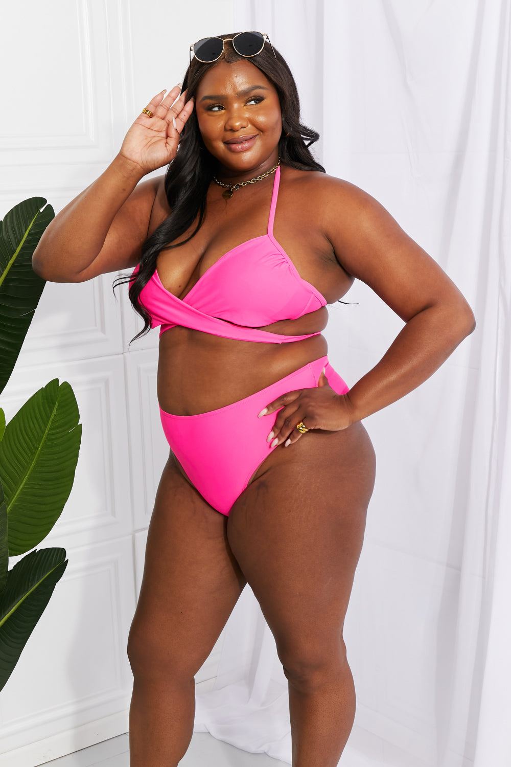 Pink Double Strap Halter Twisted Bikini