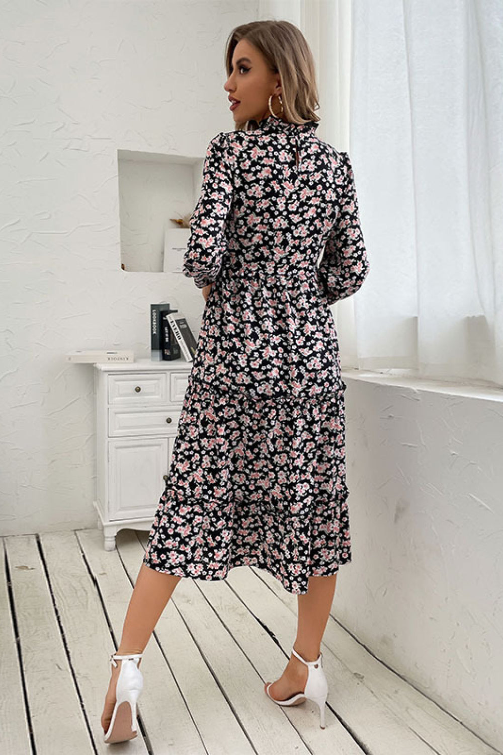 Floral Tiered Frill Trim Midi Dress - WESTHUNDRED