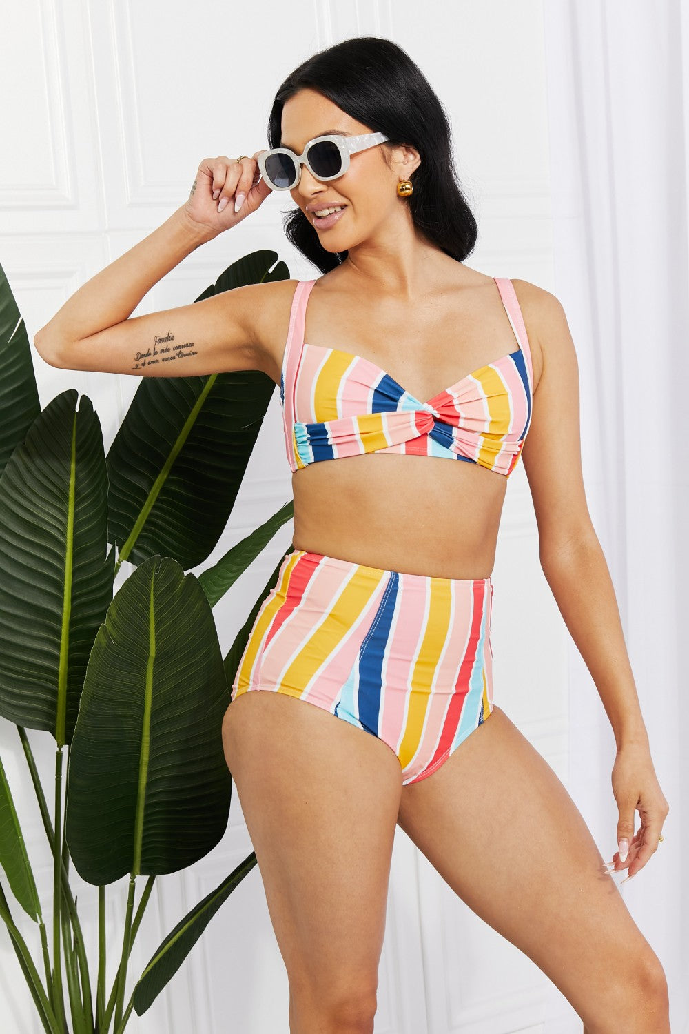 Vintage Striped Twist High-Waisted Bikini