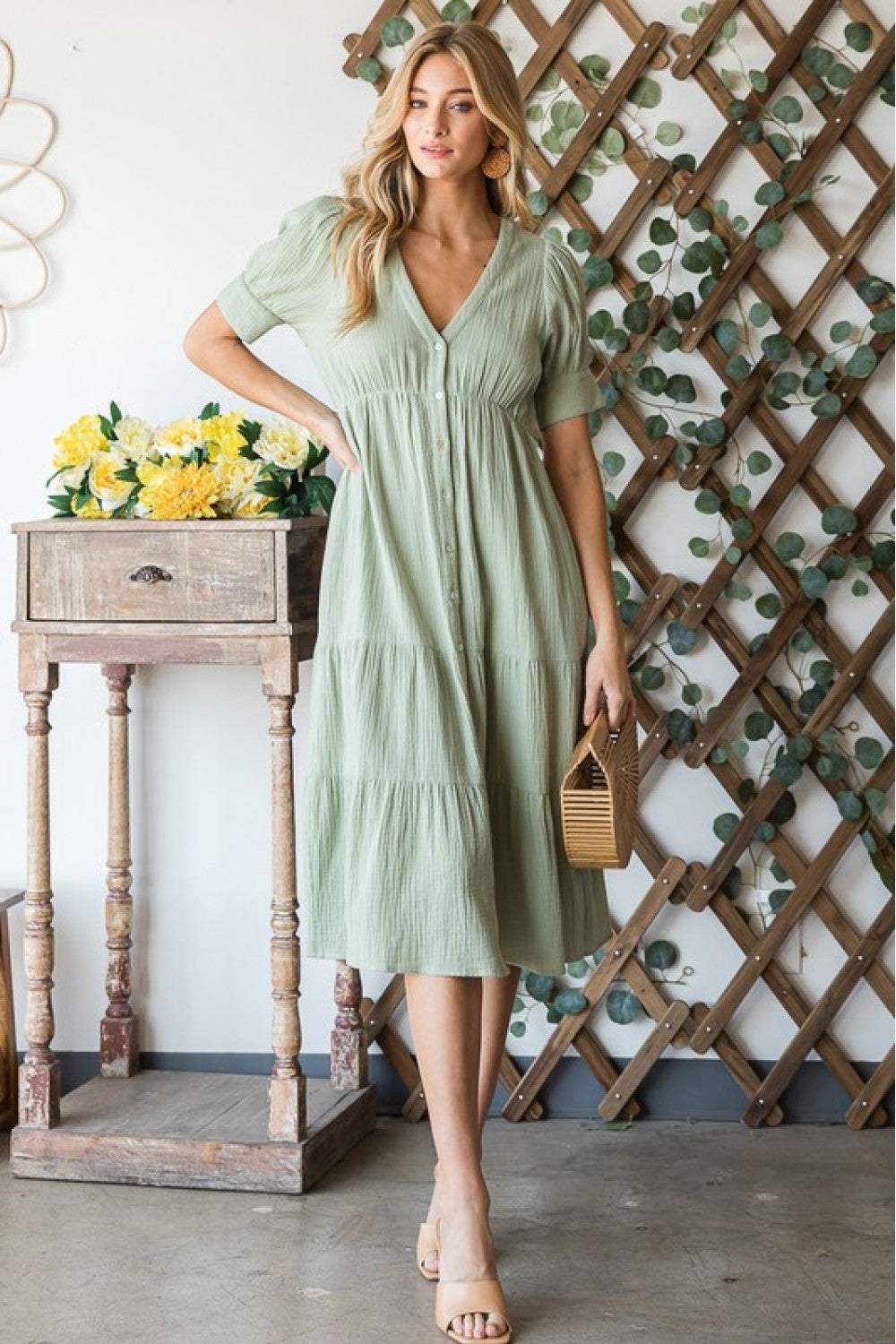 Flowy Button Front Midi Dress