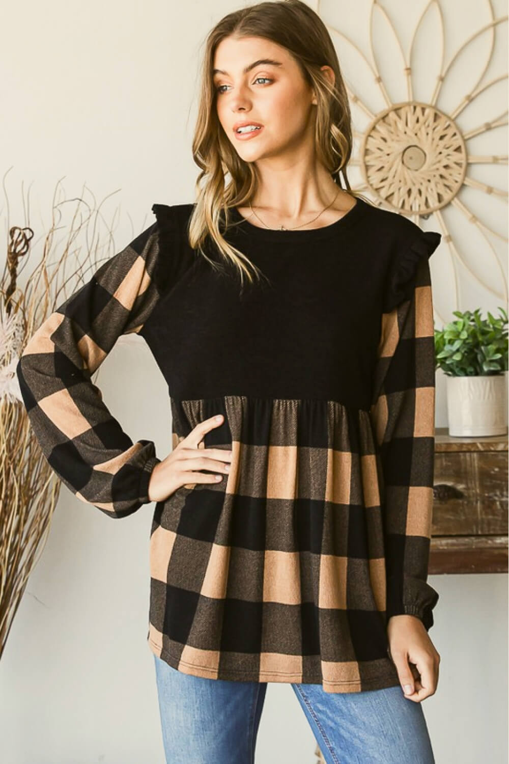 Plaid Contrast Long Sleeve Top